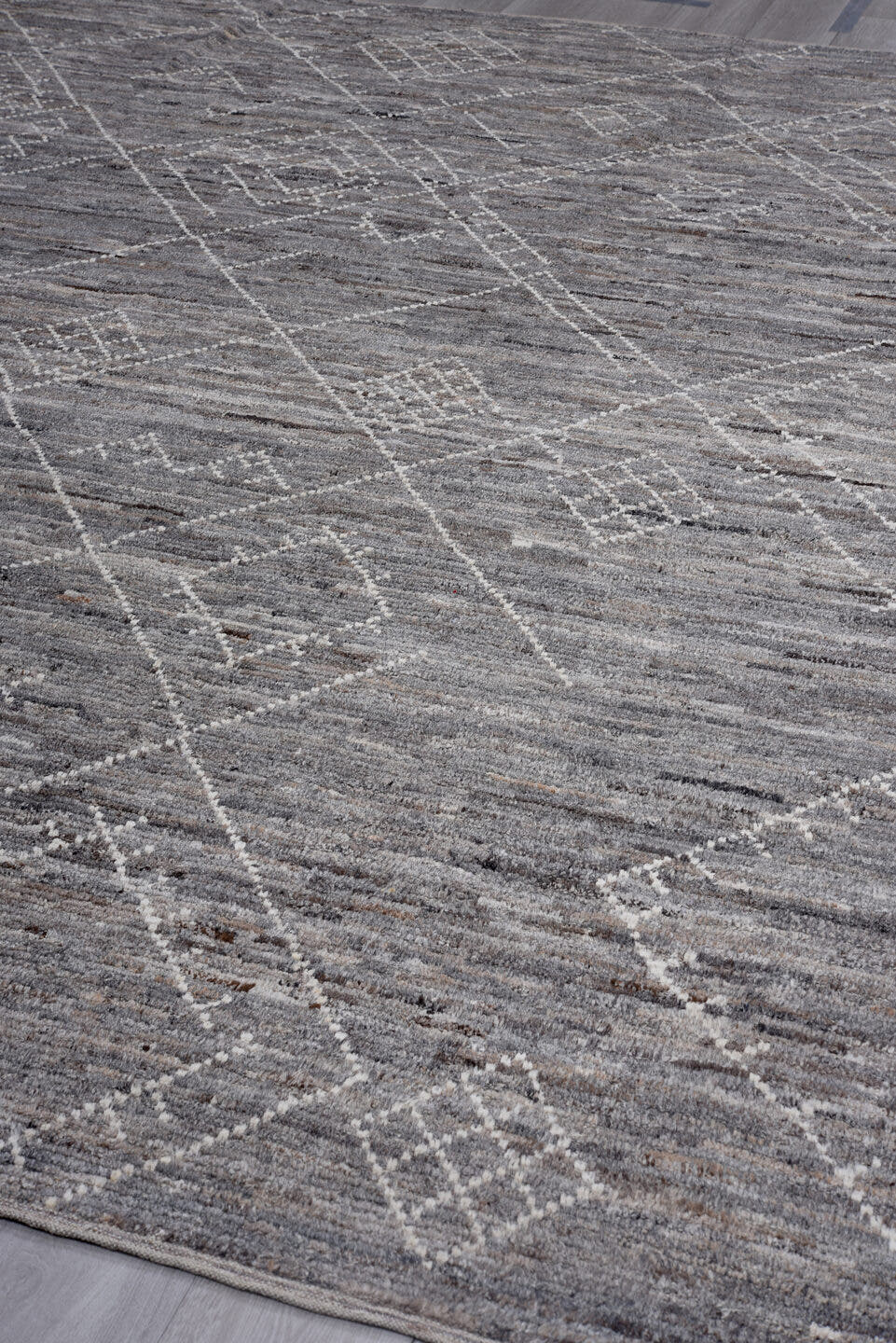 9' x 11' one-of-a-kind handmade vintage Tulu large size rug. Color palette: gray, ivory, charcoal, taupe, greige, black