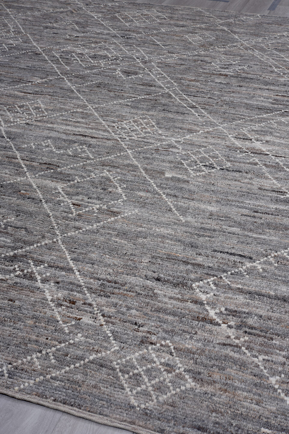 9' x 11' one-of-a-kind handmade vintage Tulu large size rug. Color palette: gray, ivory, charcoal, taupe, greige, black