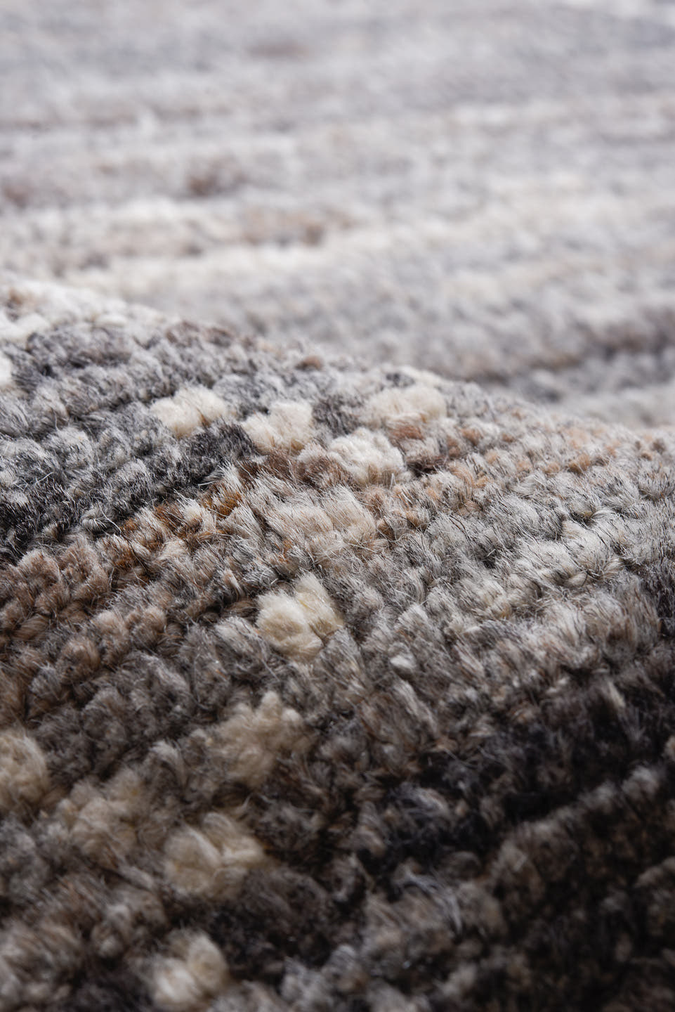 9' x 11' one-of-a-kind handmade vintage Tulu large size rug. Color palette: gray, ivory, charcoal, taupe, greige, black
