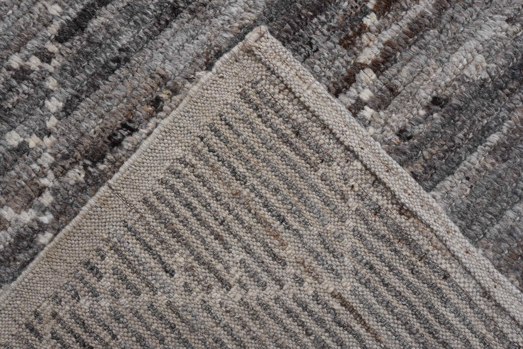 9' x 11' one-of-a-kind handmade vintage Tulu large size rug. Color palette: gray, ivory, charcoal, taupe, greige, black