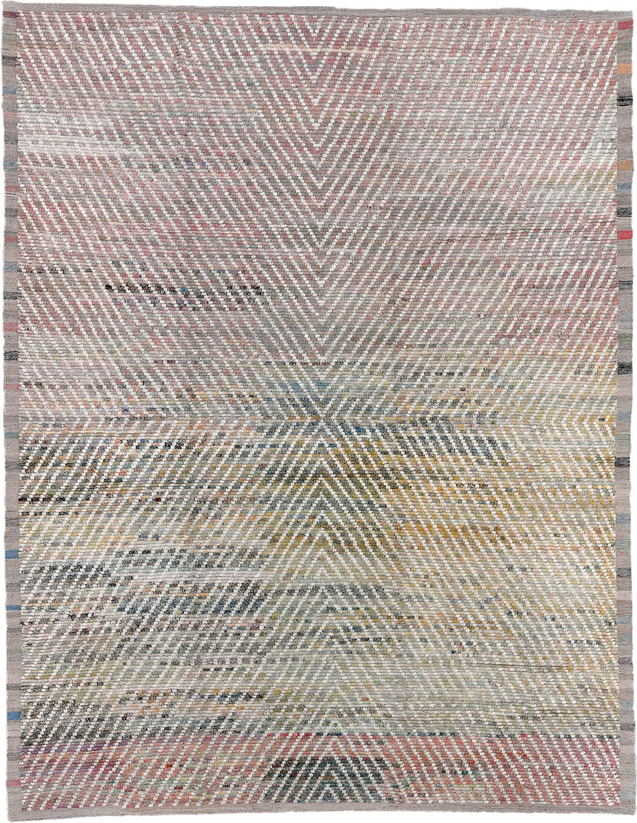 10' x 13' one-of-a-kind handmade vintage Tulu oversize rug. Color palette: ivory, blush, sage, taupe, gold, charcoal, slate