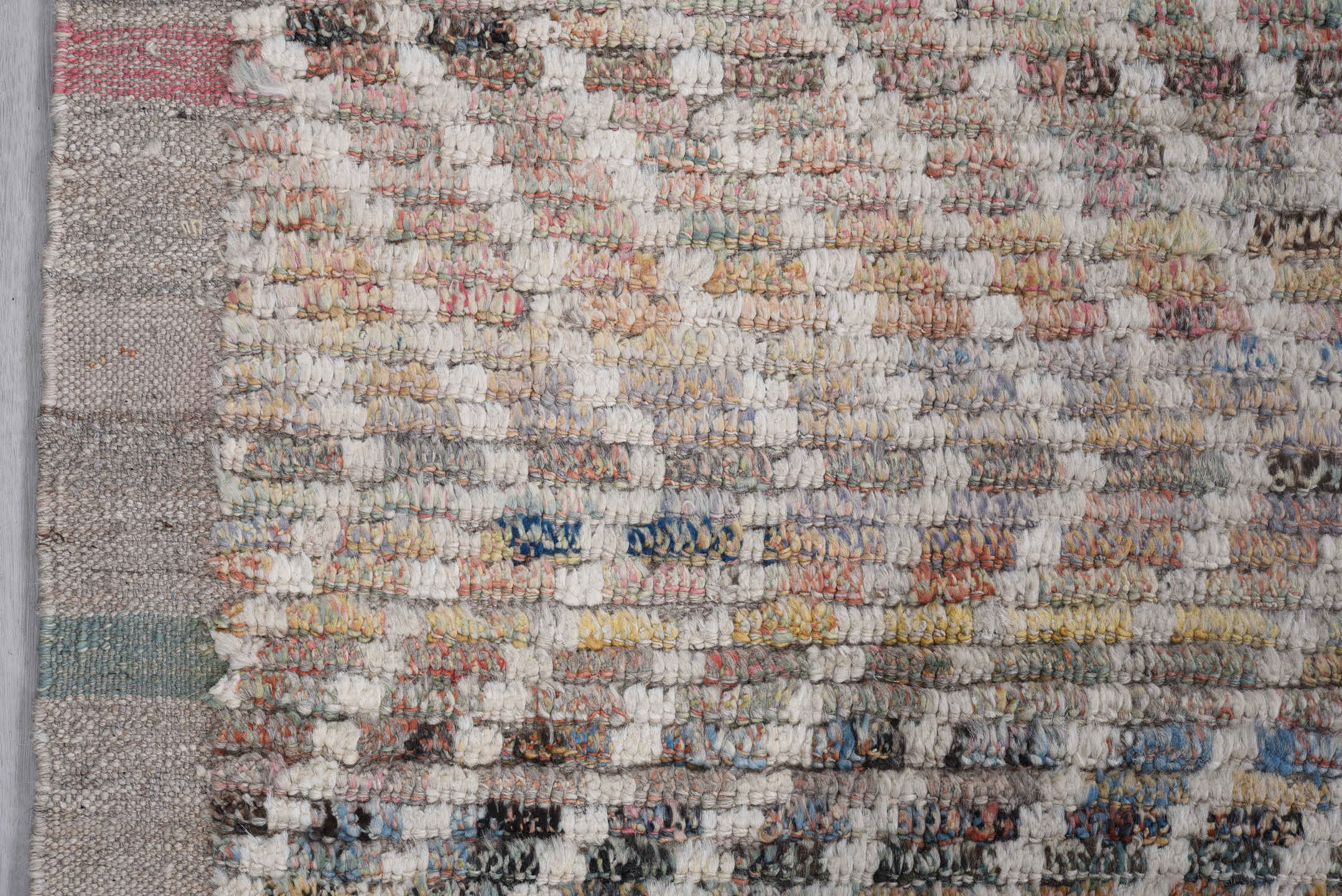 10' x 13' one-of-a-kind handmade vintage Tulu oversize rug. Color palette: ivory, blush, sage, taupe, gold, charcoal, slate