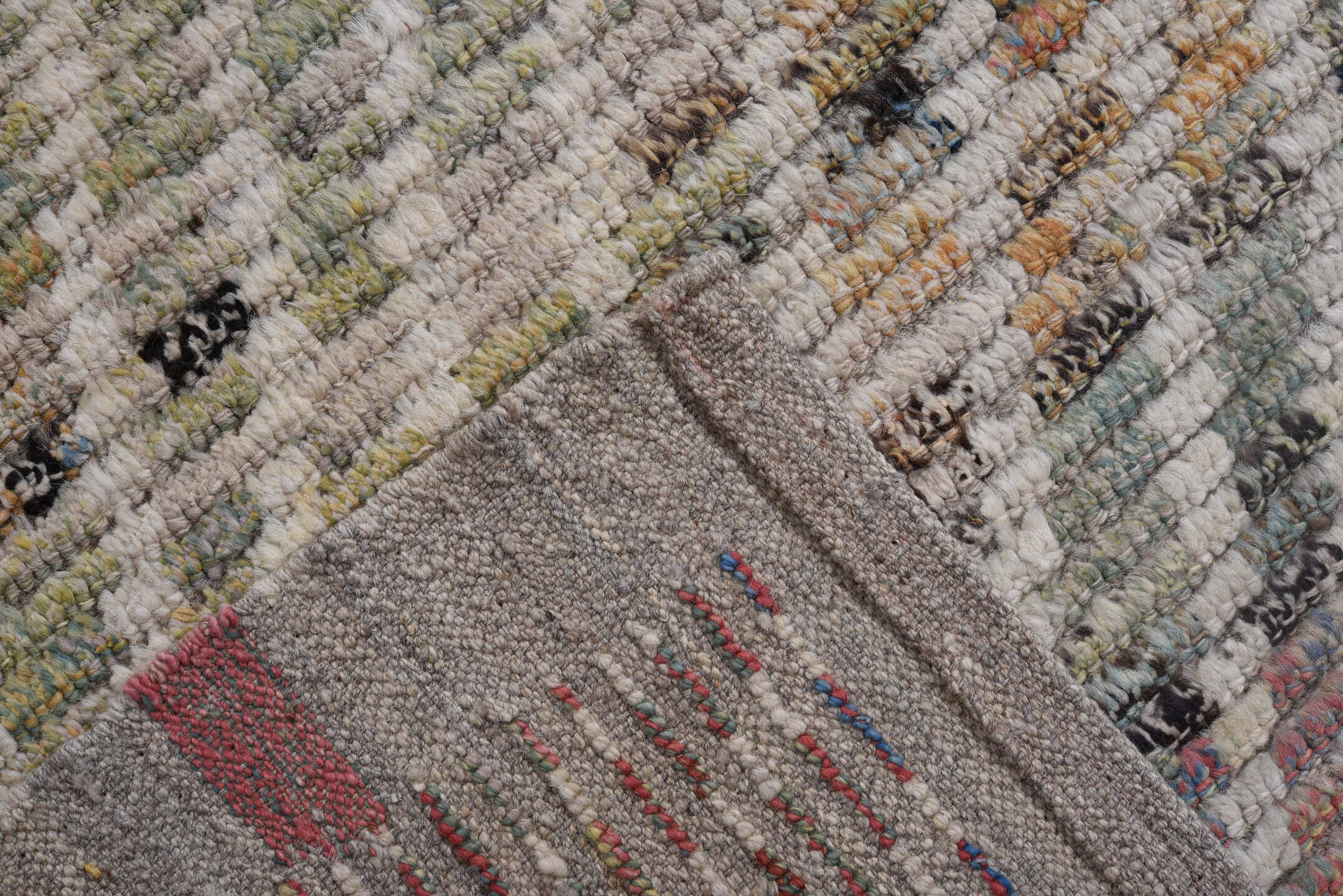 10' x 13' one-of-a-kind handmade vintage Tulu oversize rug. Color palette: ivory, blush, sage, taupe, gold, charcoal, slate