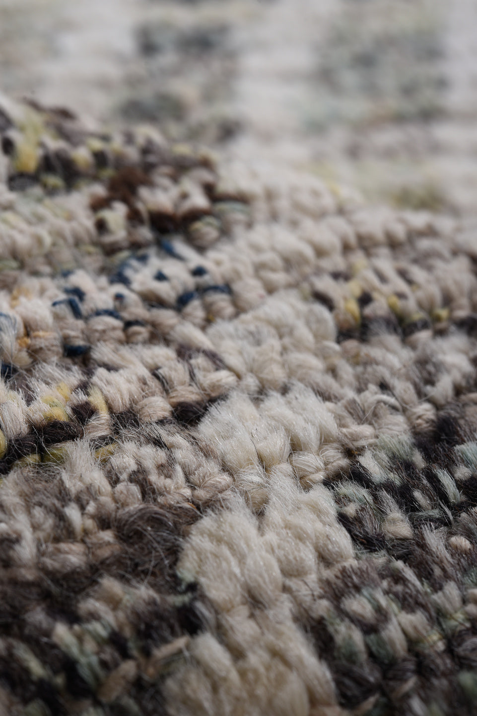 10' x 13' one-of-a-kind handmade vintage Tulu oversize rug. Color palette: ivory, blush, sage, taupe, gold, charcoal, slate