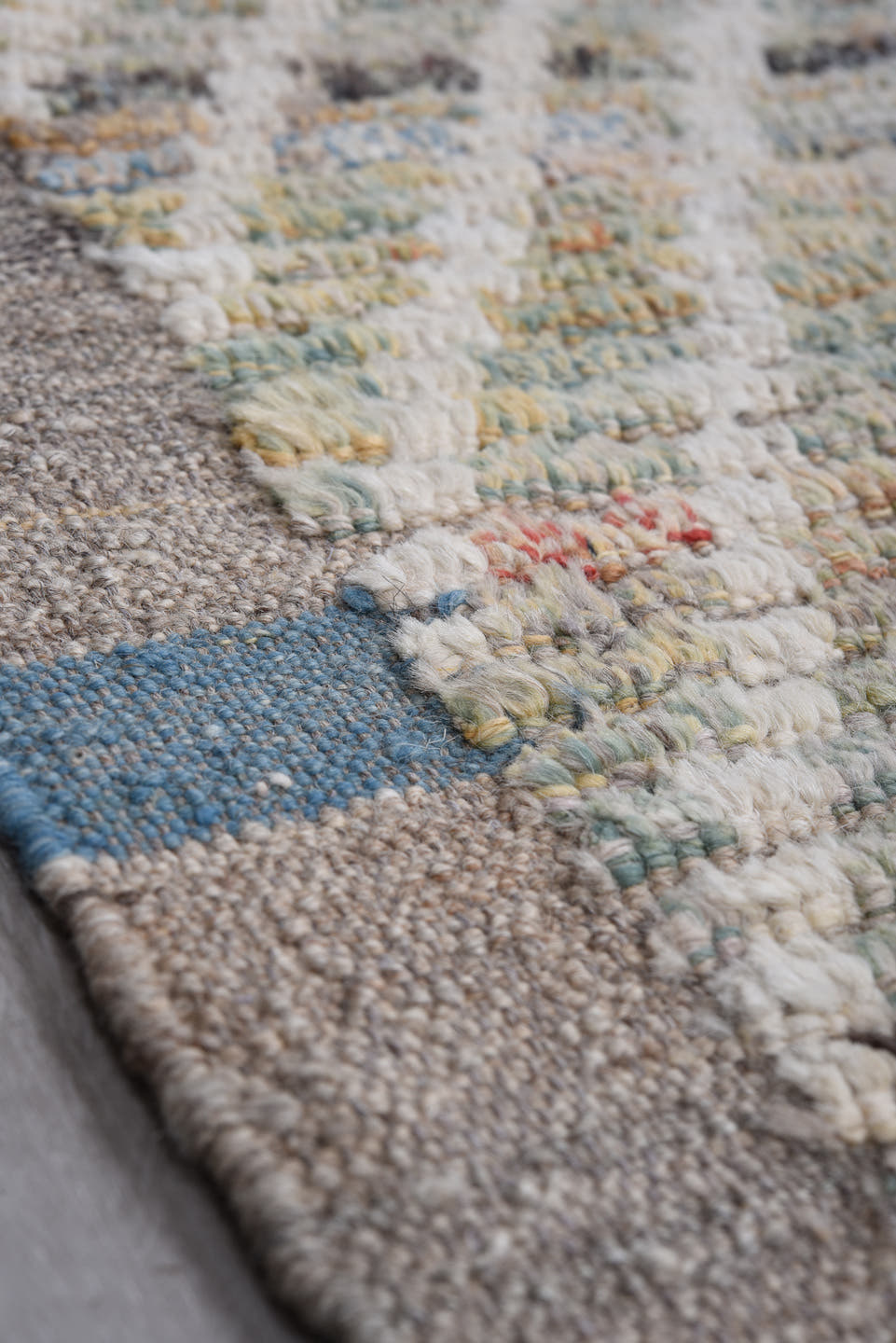 10' x 13' one-of-a-kind handmade vintage Tulu oversize rug. Color palette: ivory, blush, sage, taupe, gold, charcoal, slate