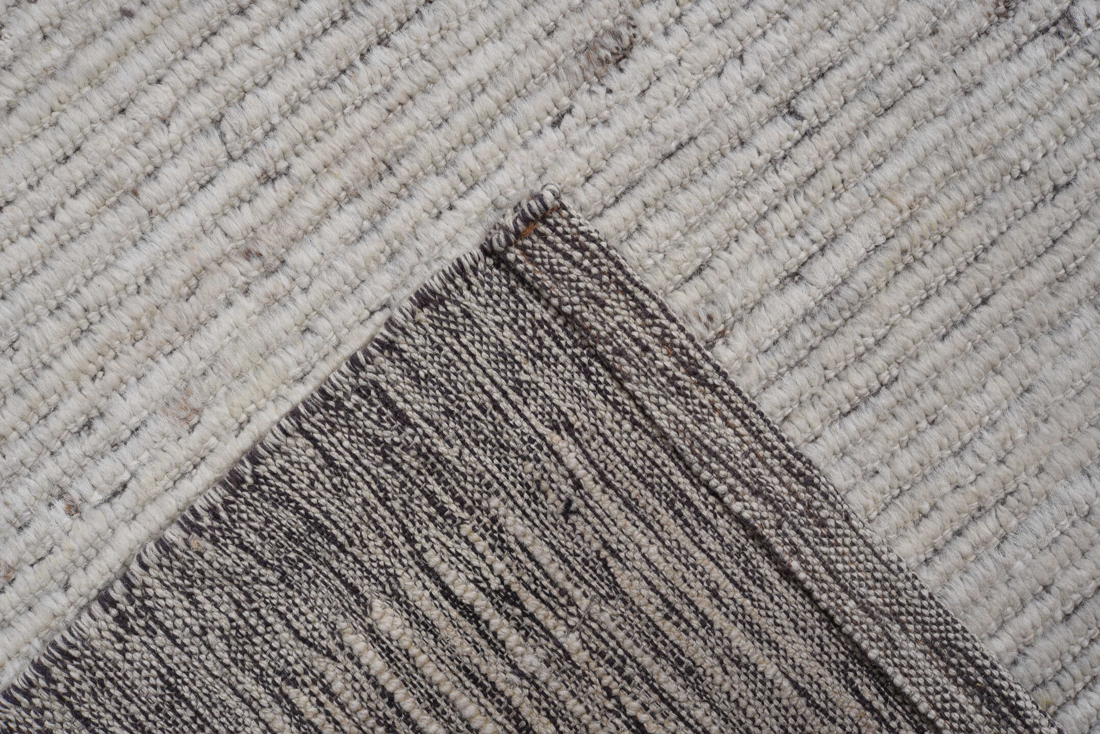 6' x 15' one-of-a-kind handmade vintage Tulu rug. Color palette: ivory, charcoal, taupe, cream, gray, black, beige