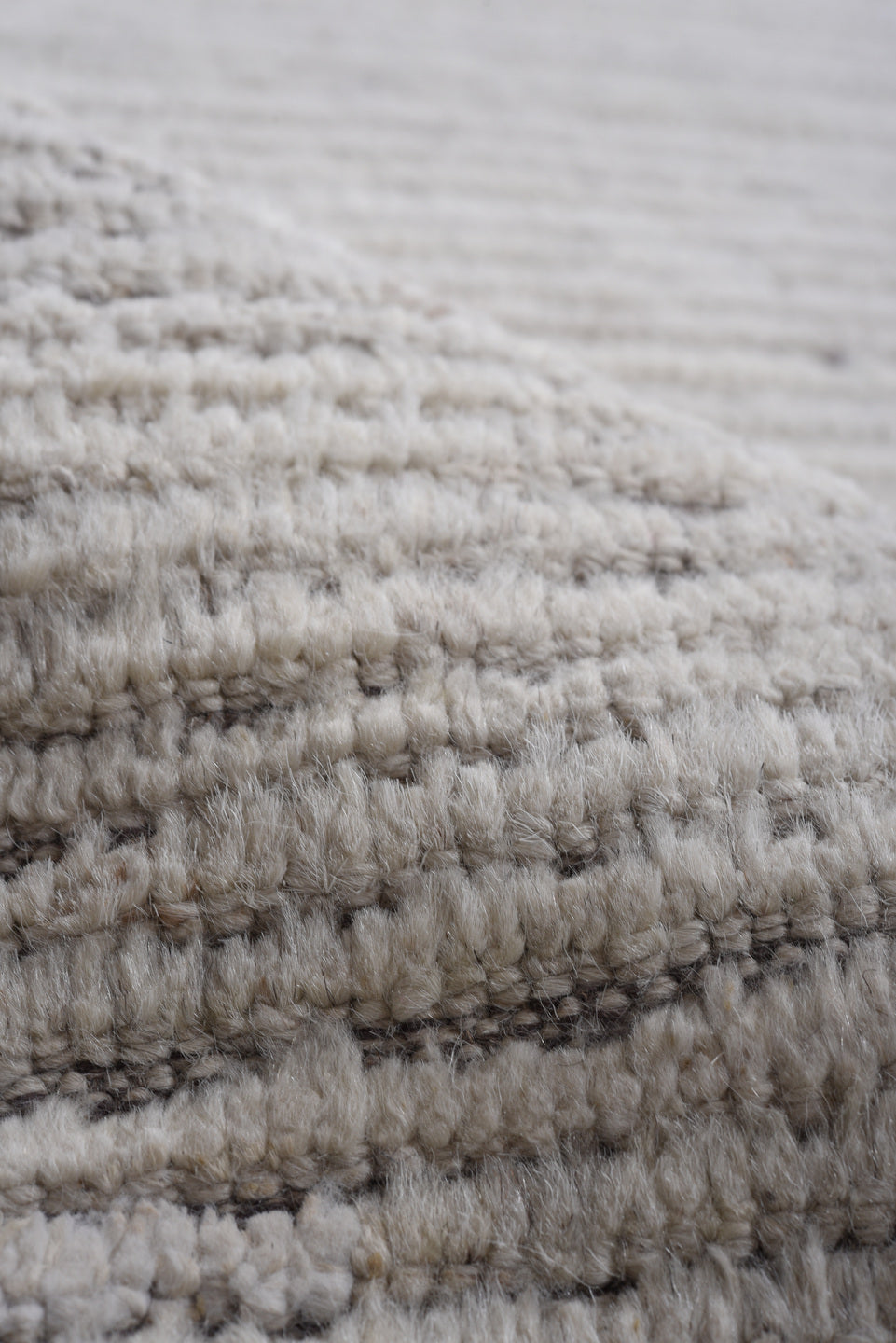 6' x 15' one-of-a-kind handmade vintage Tulu rug. Color palette: ivory, charcoal, taupe, cream, gray, black, beige