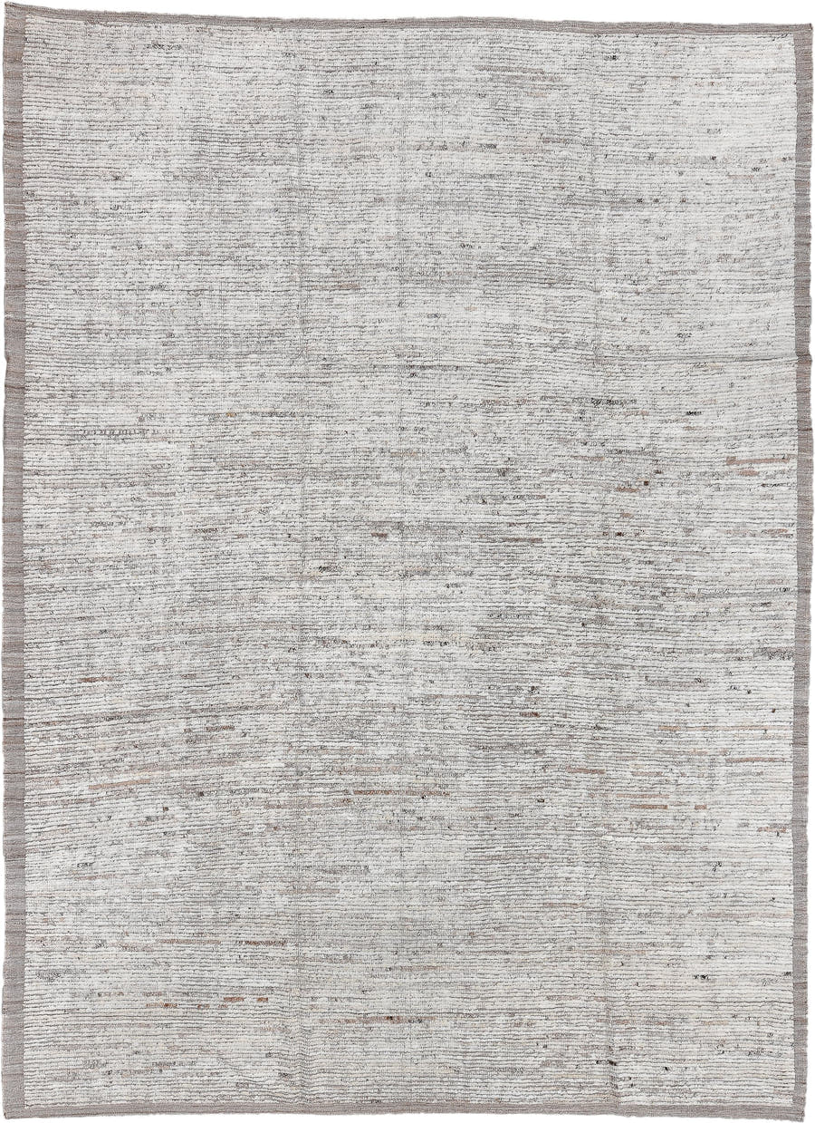 9' x 12' one-of-a-kind handmade vintage Tulu large size rug. Color palette: ivory, taupe, beige, gray, camel