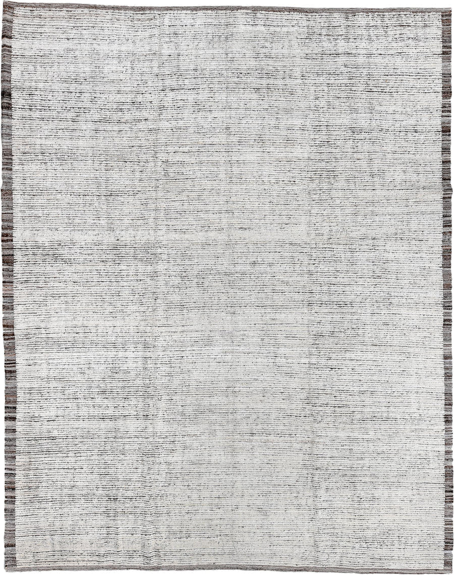 9' x 11' one-of-a-kind handmade vintage Tulu large size rug. Color palette: ivory, charcoal, taupe, brown, gray, black