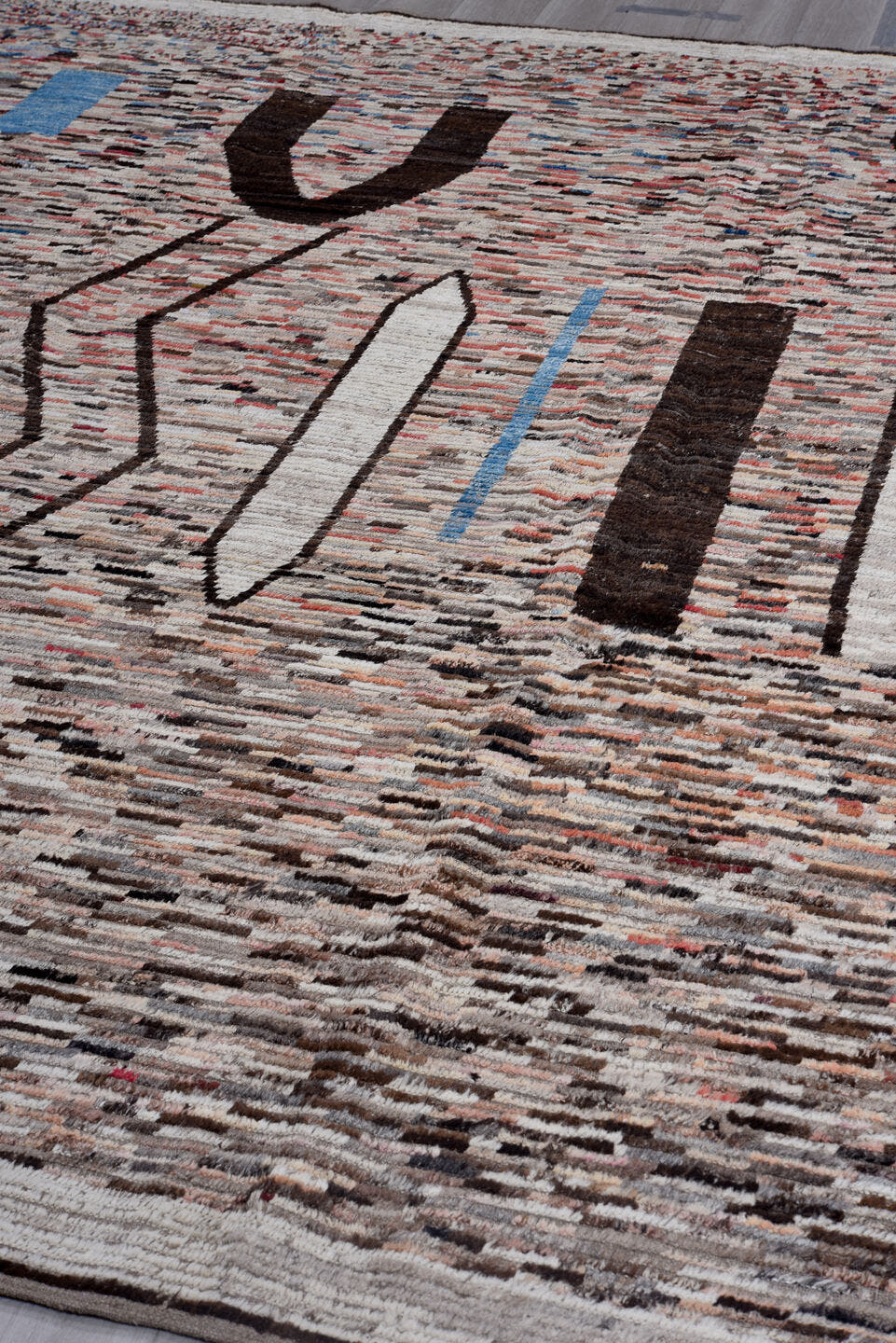 9' x 11' one-of-a-kind handmade vintage Tulu large size rug. Color palette: ivory, gray, charcoal, brown, sky_blue, rust