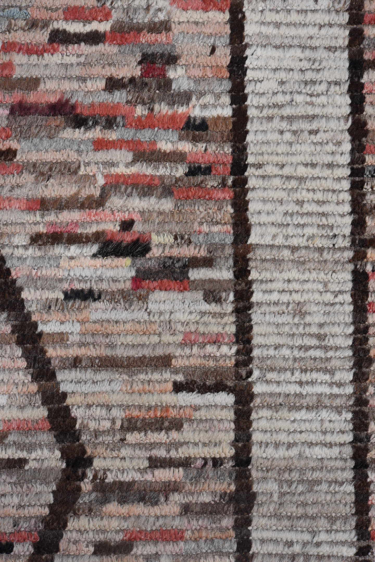 9' x 11' one-of-a-kind handmade vintage Tulu large size rug. Color palette: ivory, gray, charcoal, brown, sky_blue, rust