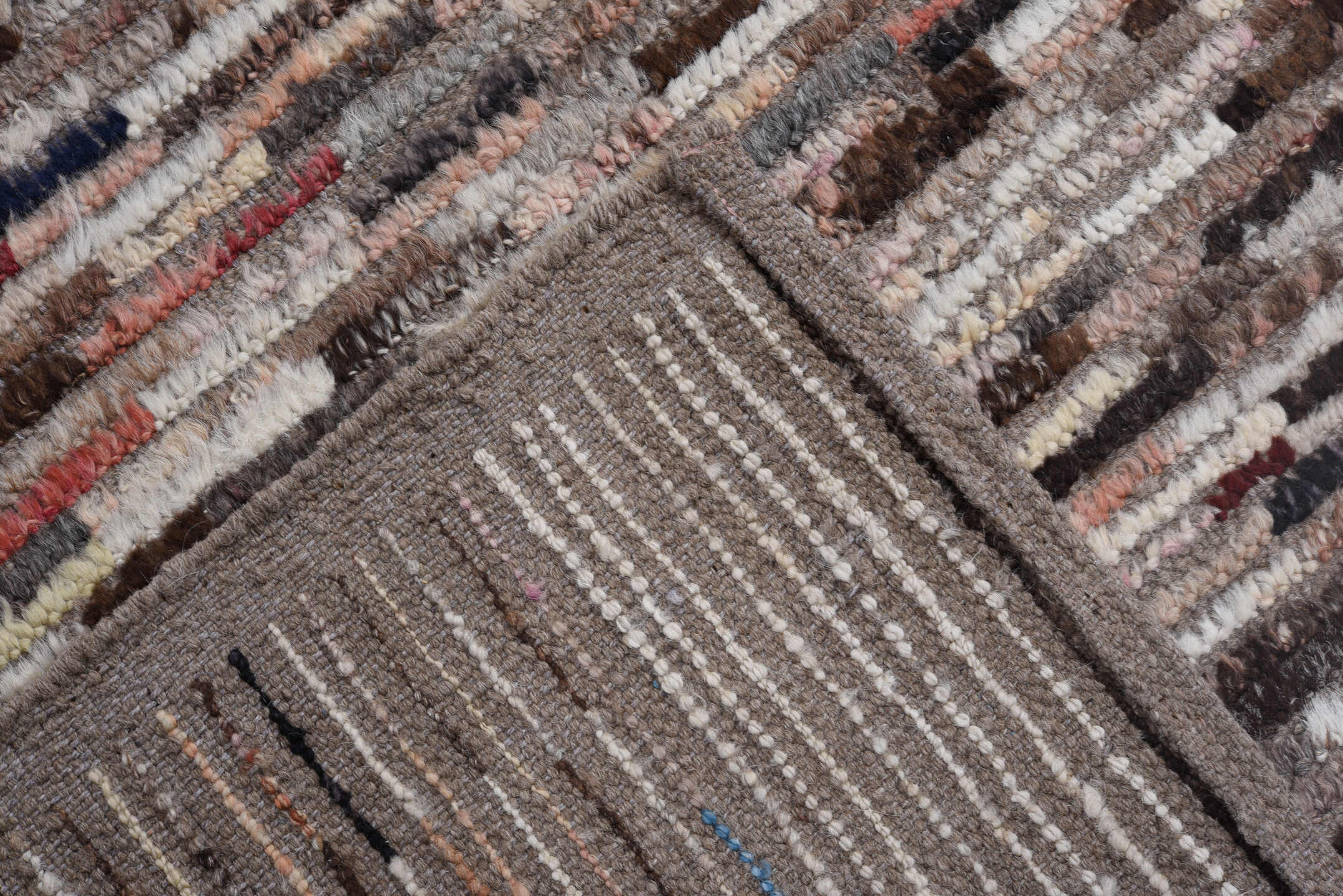 9' x 11' one-of-a-kind handmade vintage Tulu large size rug. Color palette: ivory, gray, charcoal, brown, sky_blue, rust