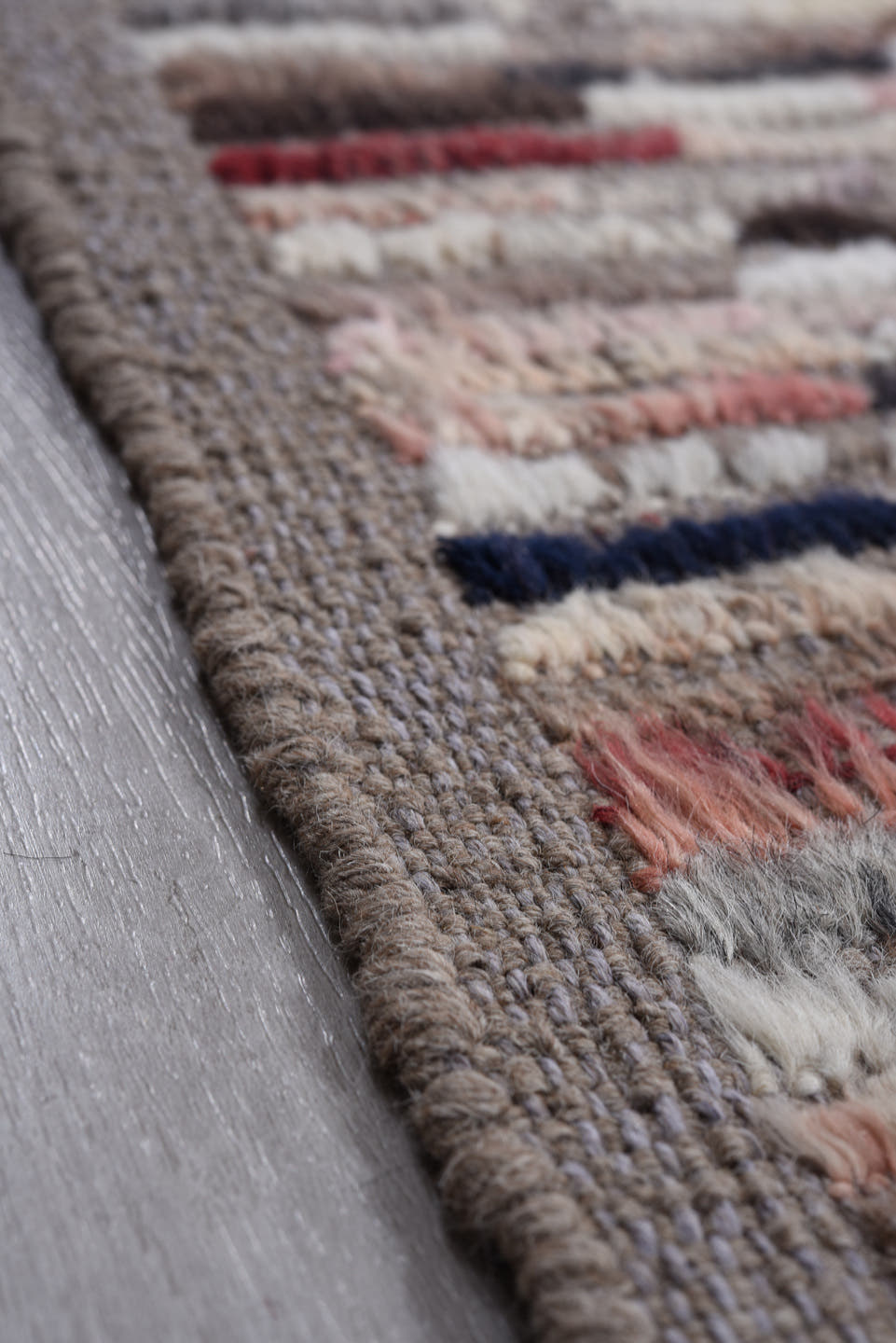 9' x 11' one-of-a-kind handmade vintage Tulu large size rug. Color palette: ivory, gray, charcoal, brown, sky_blue, rust