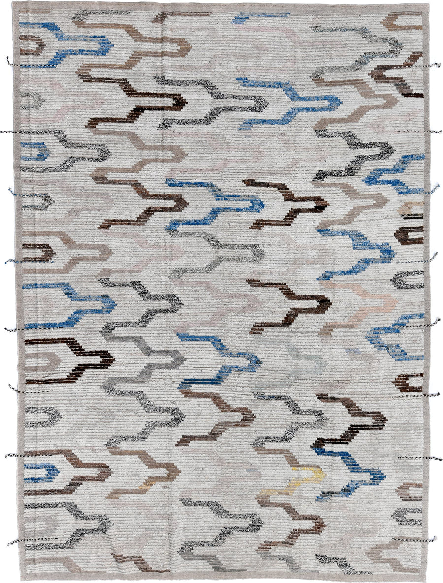 8' x 11' one-of-a-kind handmade vintage Tulu large size rug. Color palette: ivory, taupe, sky blue, gray, brown, charcoal