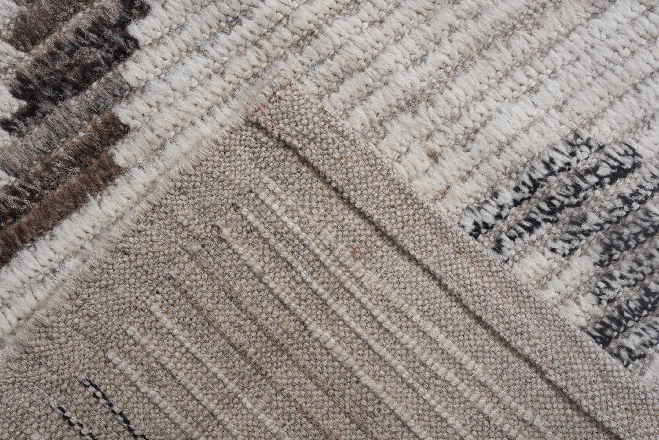 8' x 11' one-of-a-kind handmade vintage Tulu large size rug. Color palette: ivory, taupe, sky blue, gray, brown, charcoal