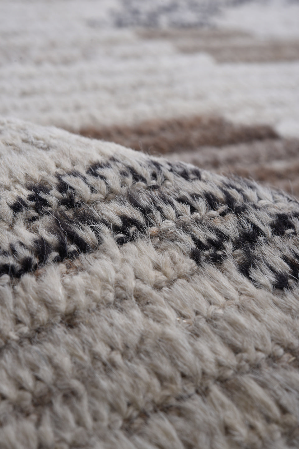 8' x 11' one-of-a-kind handmade vintage Tulu large size rug. Color palette: ivory, taupe, sky blue, gray, brown, charcoal
