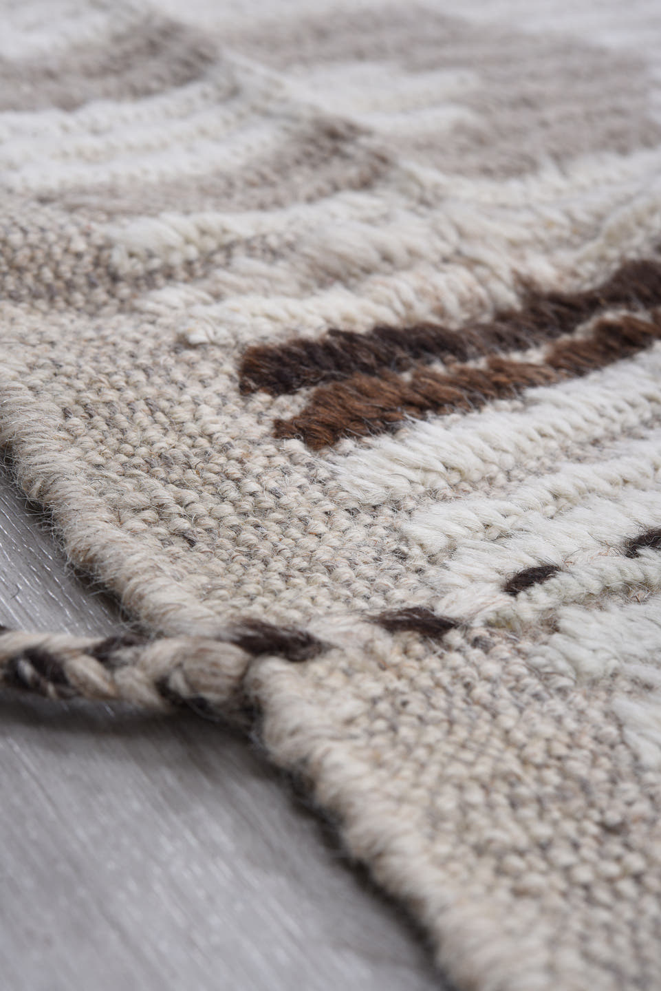 8' x 11' one-of-a-kind handmade vintage Tulu large size rug. Color palette: ivory, taupe, sky blue, gray, brown, charcoal