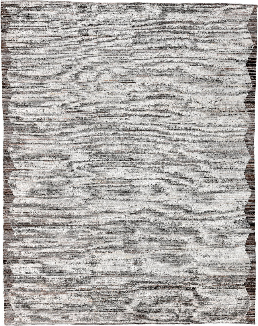 9' x 11' one-of-a-kind handmade vintage Tulu large size rug. Color palette: ivory, brown, taupe, charcoal, beige, gray