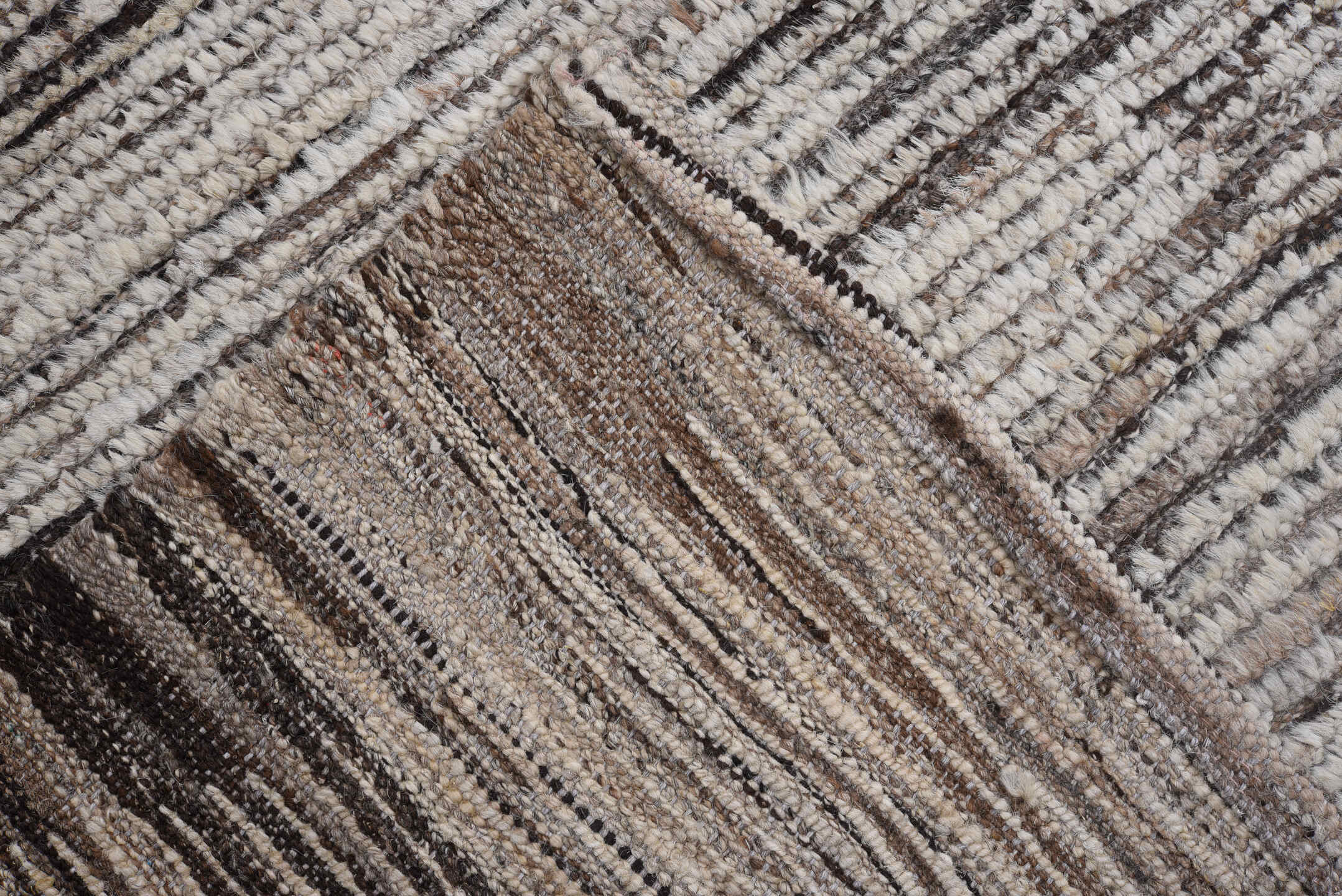 9' x 11' one-of-a-kind handmade vintage Tulu large size rug. Color palette: ivory, brown, taupe, charcoal, beige, gray