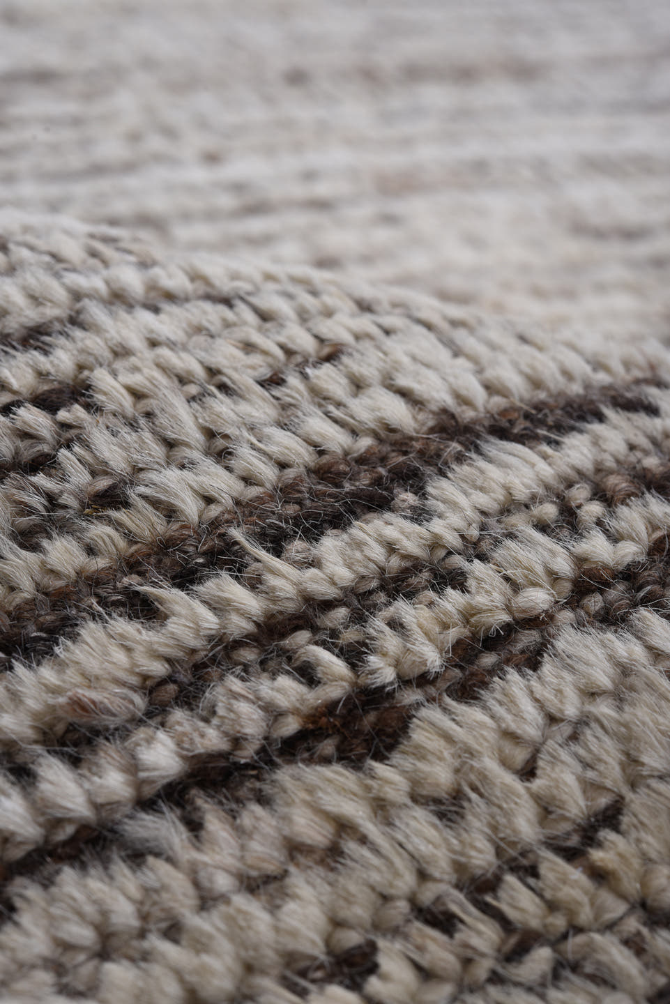 9' x 11' one-of-a-kind handmade vintage Tulu large size rug. Color palette: ivory, brown, taupe, charcoal, beige, gray