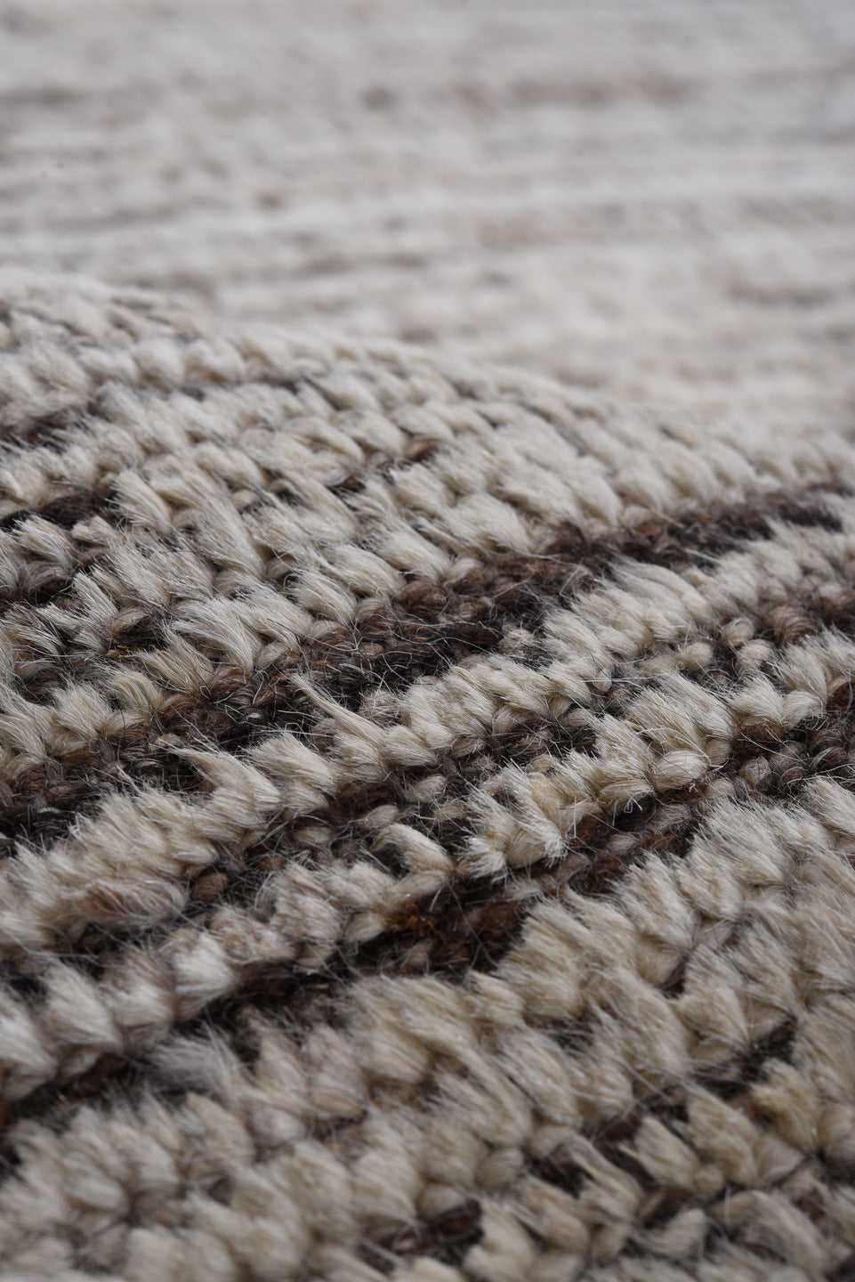 9' x 11' one-of-a-kind handmade vintage Tulu large size rug. Color palette: ivory, brown, taupe, charcoal, beige, gray