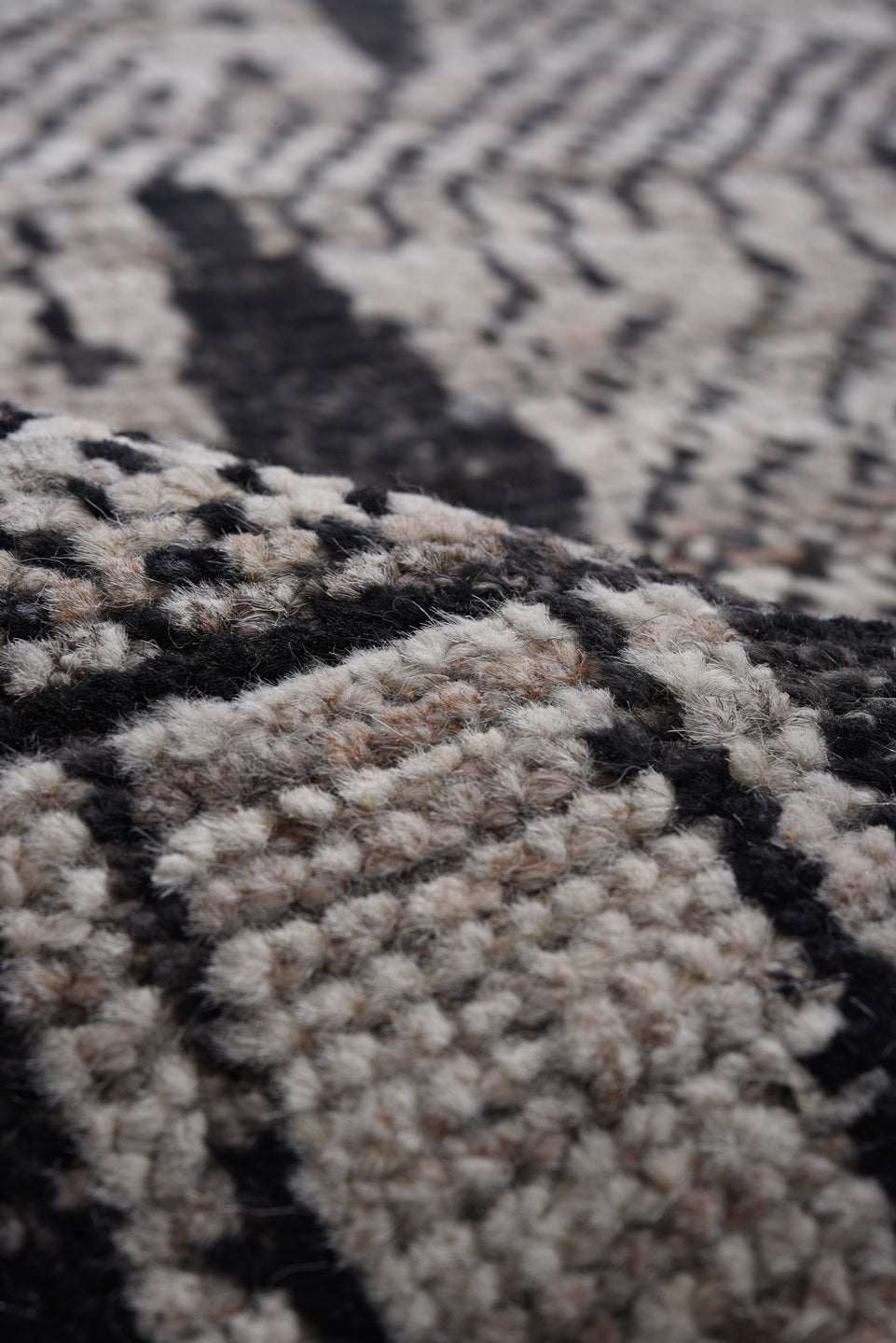 8' x 12' one-of-a-kind handmade vintage Tulu large size rug. Color palette: black, charcoal, dark gray, dim gray, gainsboro