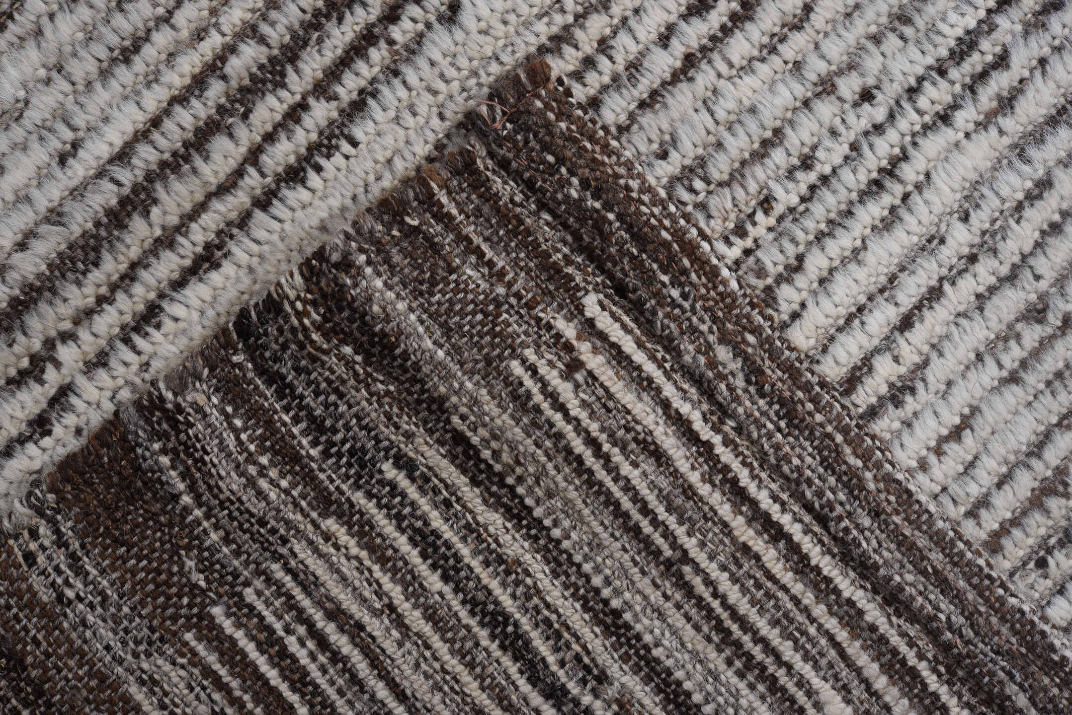 6' x 8' one-of-a-kind handmade vintage Tulu rug. Color palette: ivory, brown, taupe, charcoal, beige, gray, black