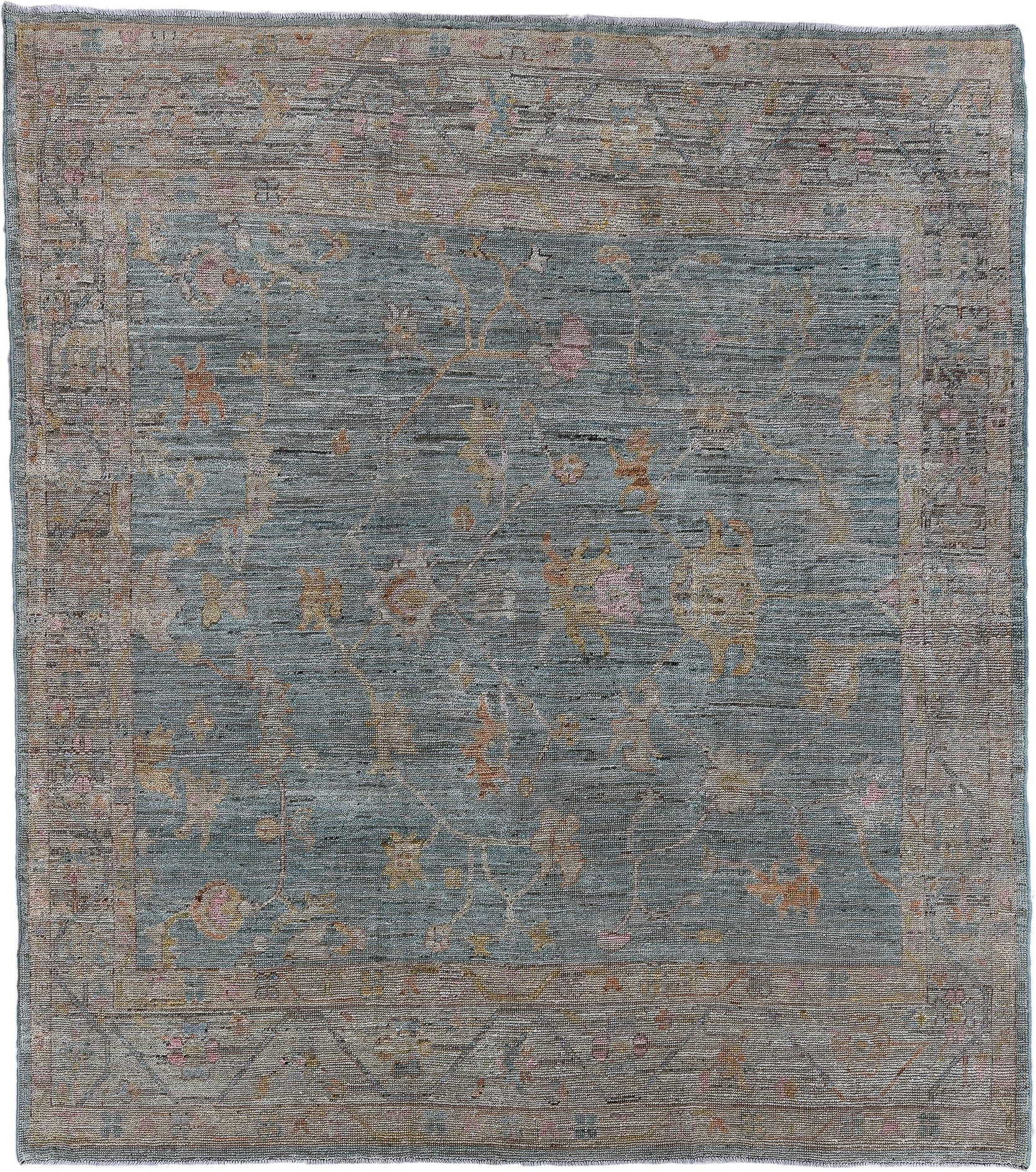 8' x 9' one-of-a-kind handmade vintage Tulu rug. Color palette: blue_gray, taupe, ivory, gold, blush, rust, sage, gray, blue