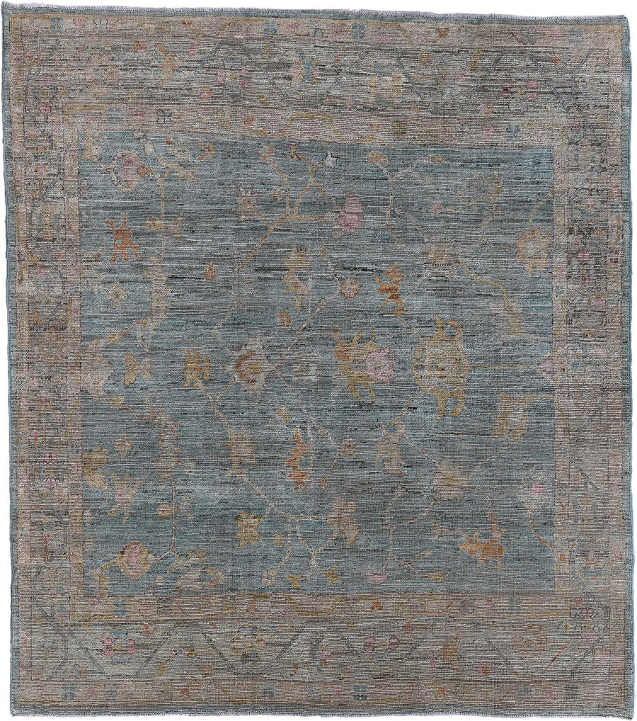 8' x 9' one-of-a-kind handmade vintage Tulu rug. Color palette: blue_gray, taupe, ivory, gold, blush, rust, sage, gray, blue