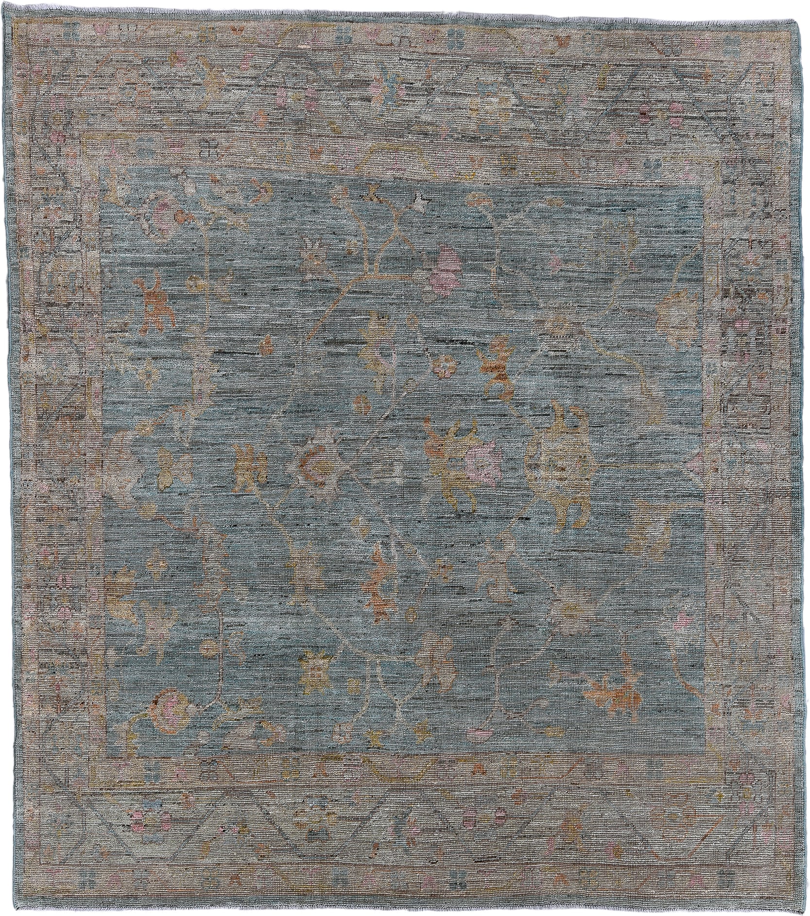 8' x 9' one-of-a-kind handmade vintage Tulu rug. Color palette: blue_gray, taupe, ivory, gold, blush, rust, sage, gray, blue