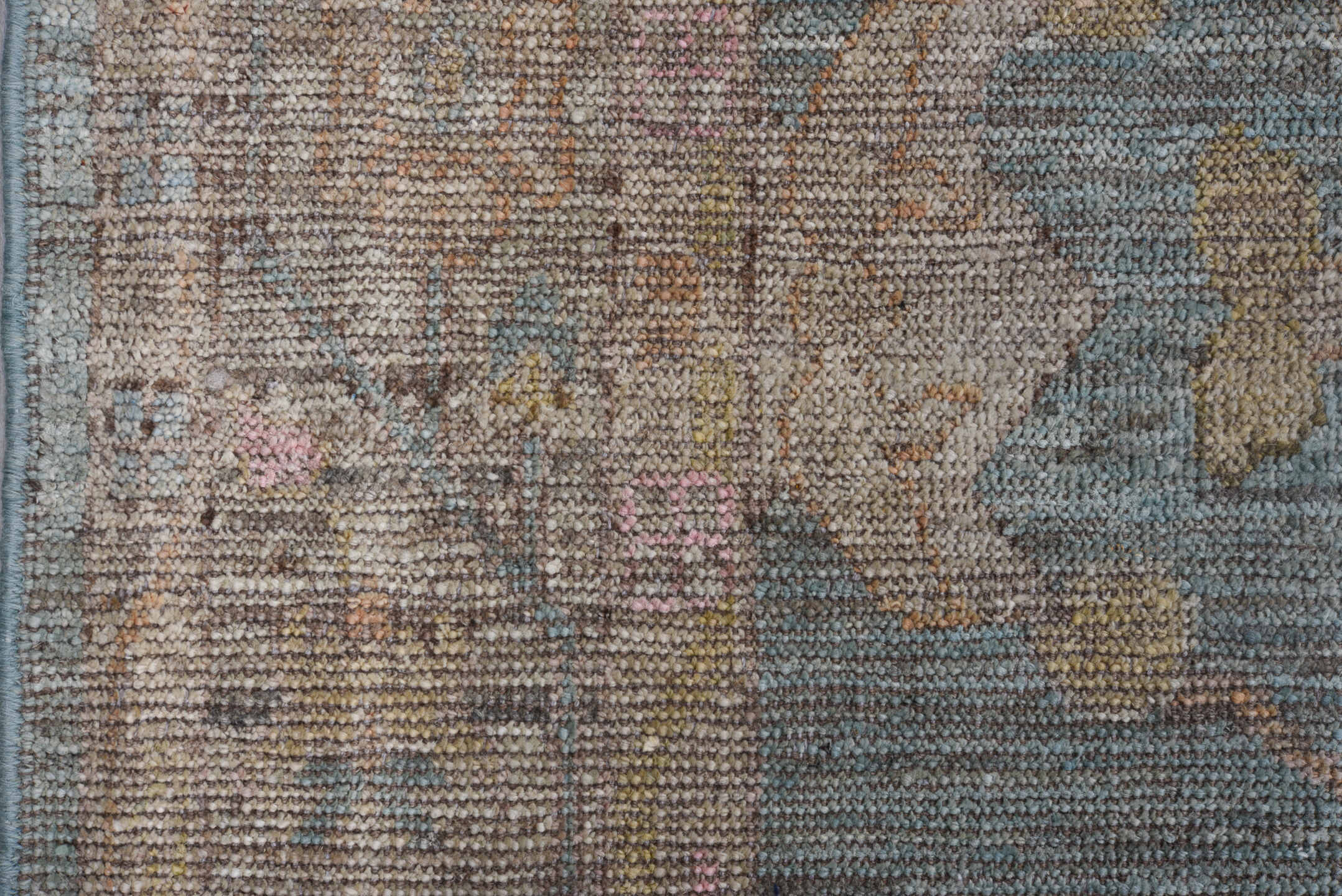 8' x 9' one-of-a-kind handmade vintage Tulu rug. Color palette: blue_gray, taupe, ivory, gold, blush, rust, sage, gray, blue
