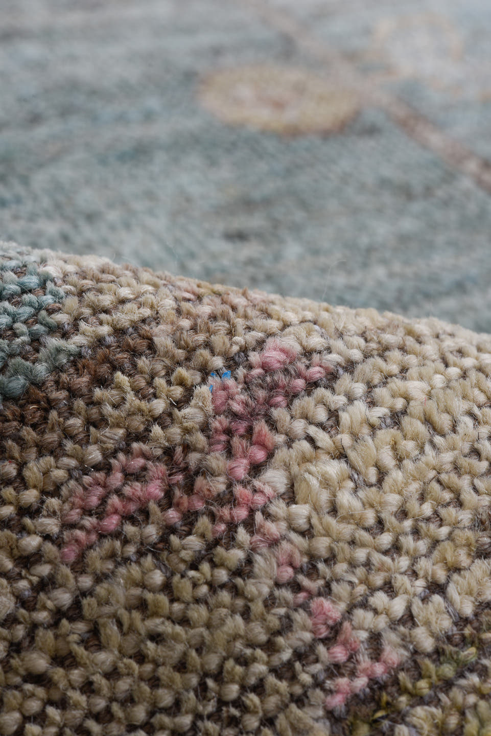 8' x 9' one-of-a-kind handmade vintage Tulu rug. Color palette: blue_gray, taupe, ivory, gold, blush, rust, sage, gray, blue