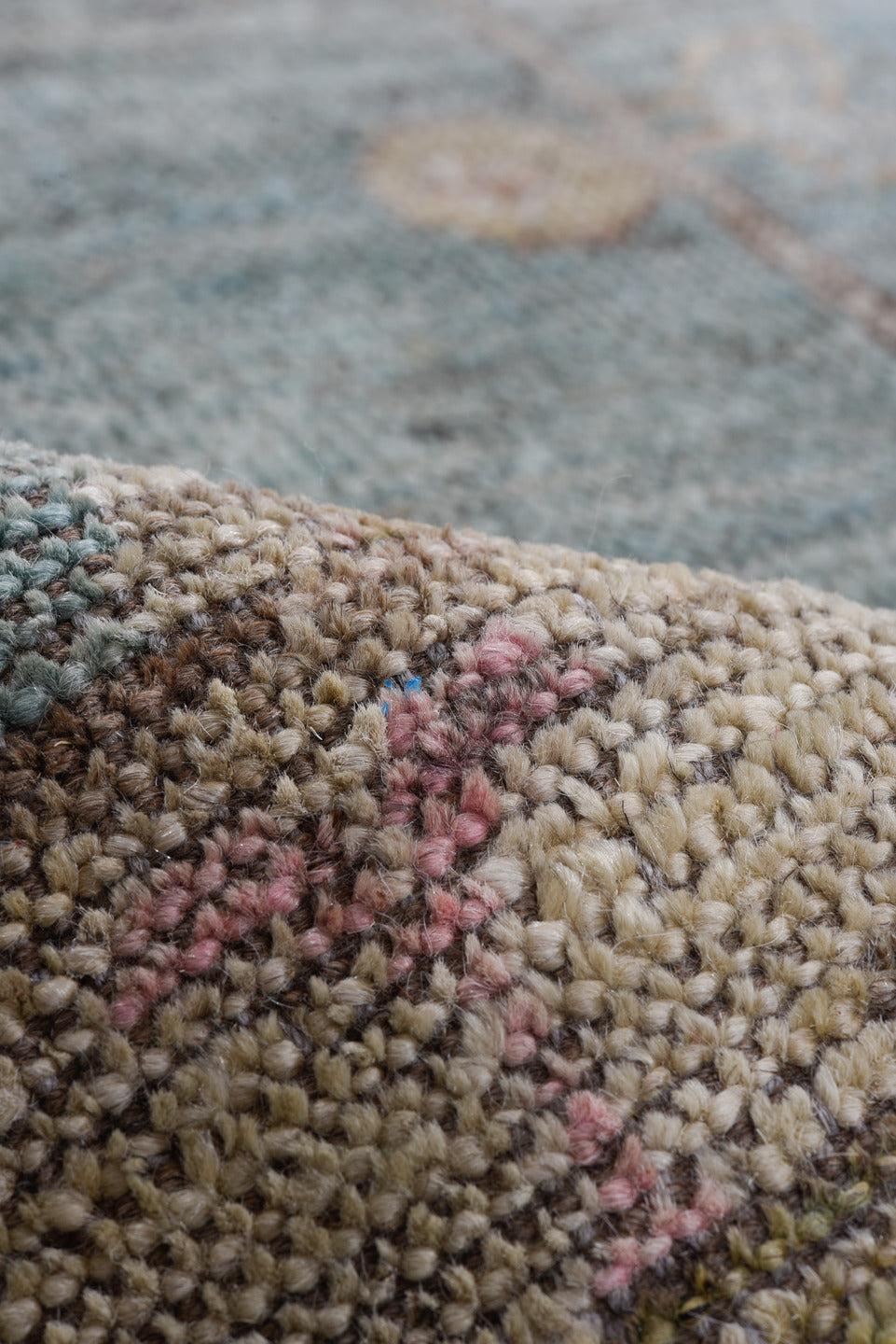 8' x 9' one-of-a-kind handmade vintage Tulu rug. Color palette: blue_gray, taupe, ivory, gold, blush, rust, sage, gray, blue