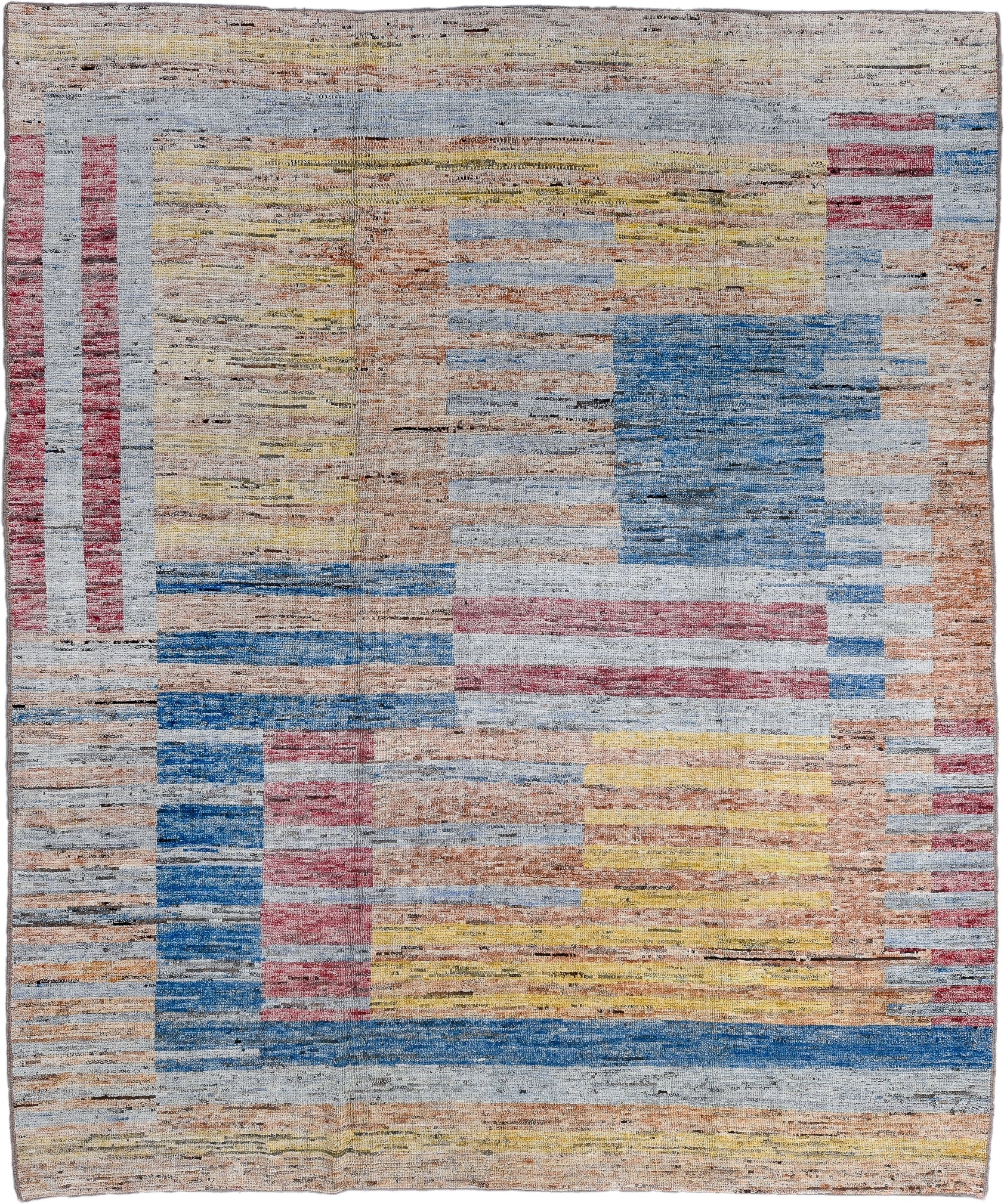 9' x 11' one-of-a-kind handmade vintage Tulu large size rug. Color palette: ivory, pale blue, cobalt, rose, saffron, peach