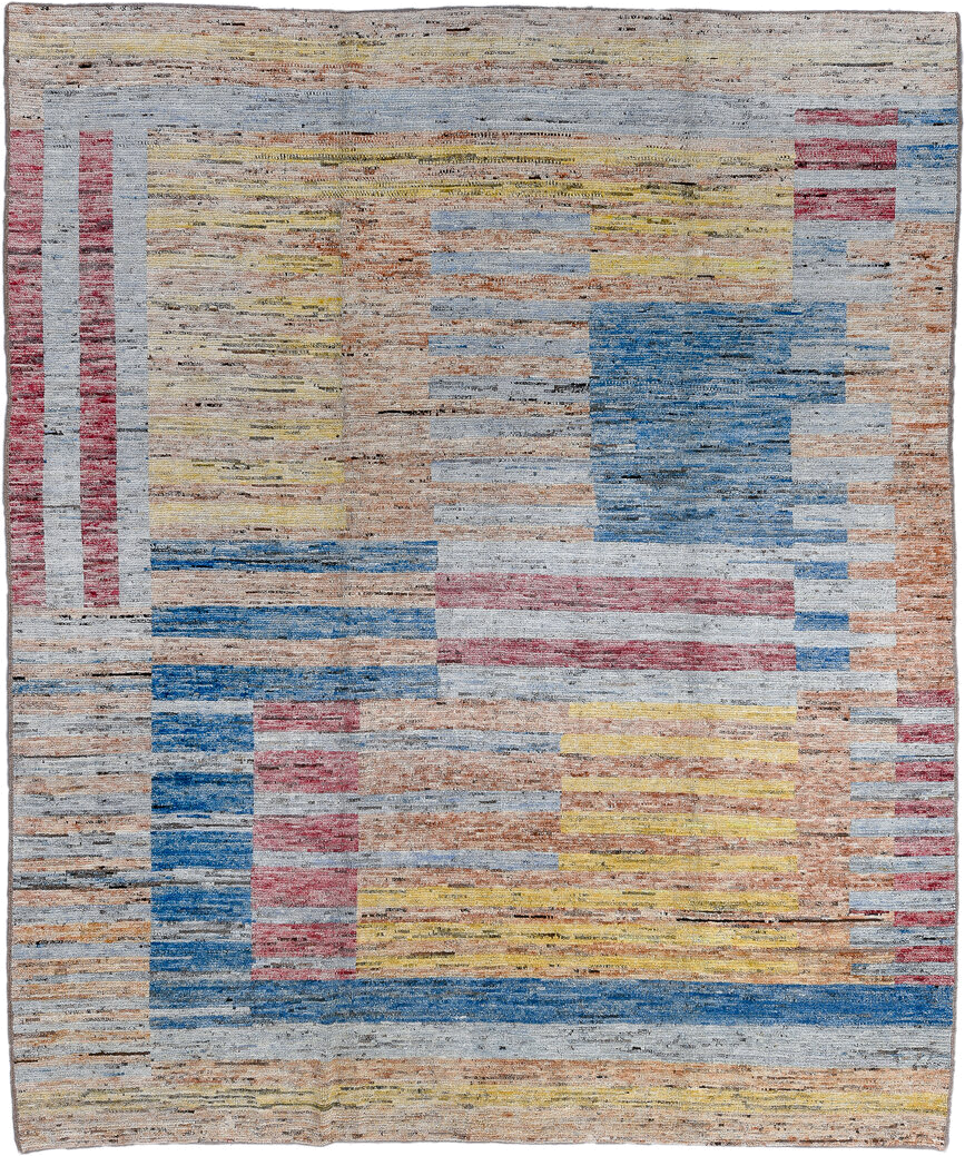 9' x 11' one-of-a-kind handmade vintage Tulu large size rug. Color palette: ivory, pale blue, cobalt, rose, saffron, peach