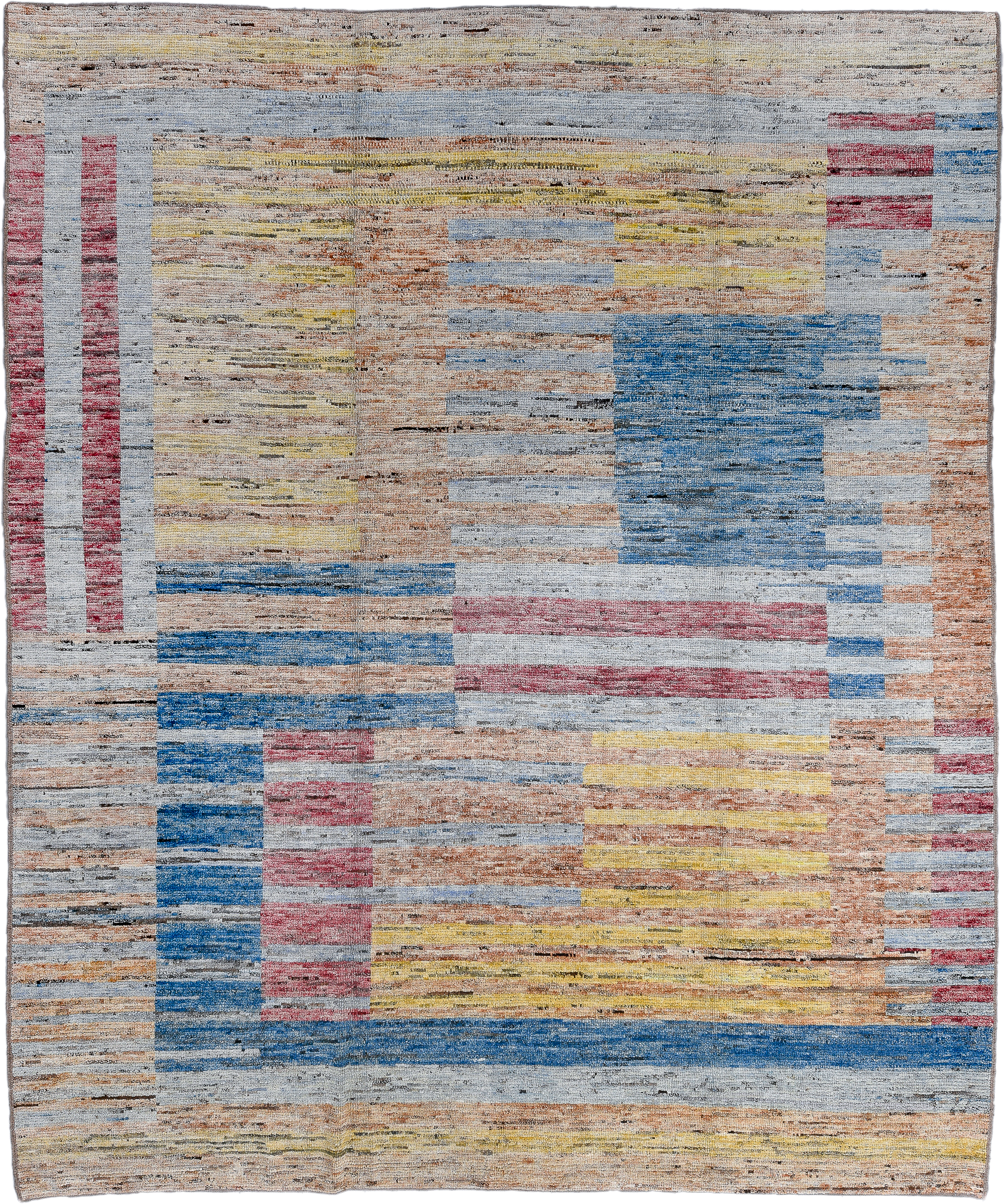 9' x 11' one-of-a-kind handmade vintage Tulu large size rug. Color palette: ivory, pale blue, cobalt, rose, saffron, peach