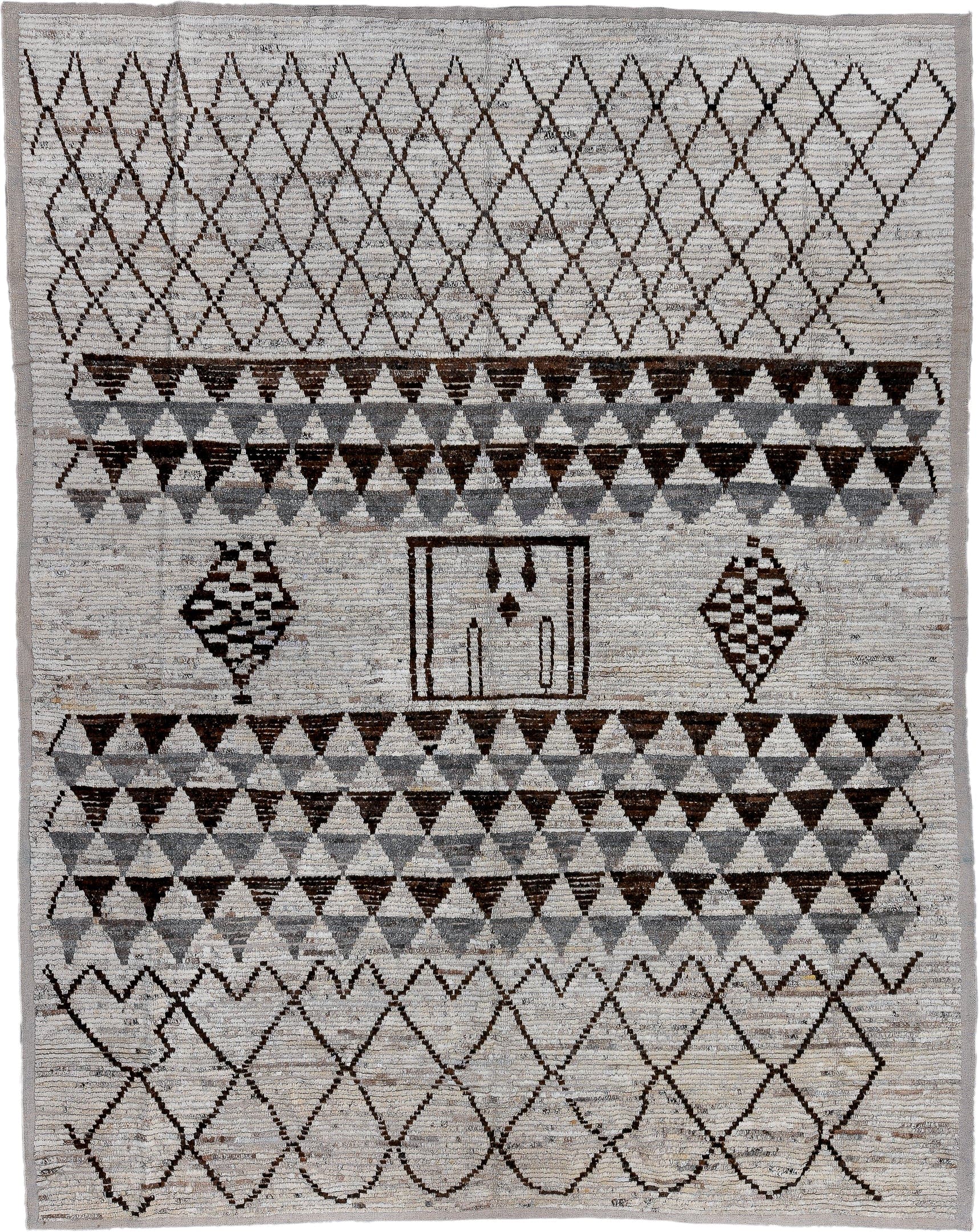 9' x 12' one-of-a-kind handmade vintage Tulu large size rug. Color palette: ivory, gray, brown, charcoal, taupe, black