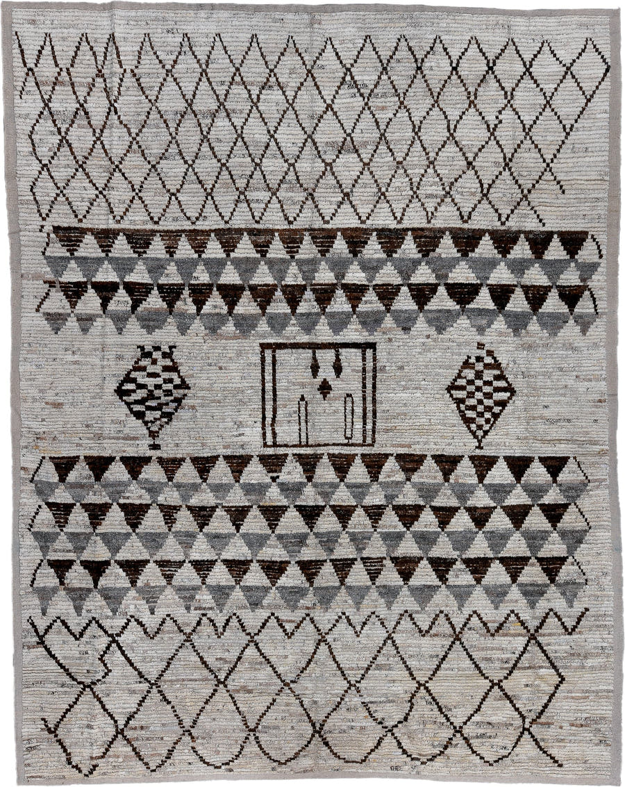 9' x 12' one-of-a-kind handmade vintage Tulu large size rug. Color palette: ivory, gray, brown, charcoal, taupe, black