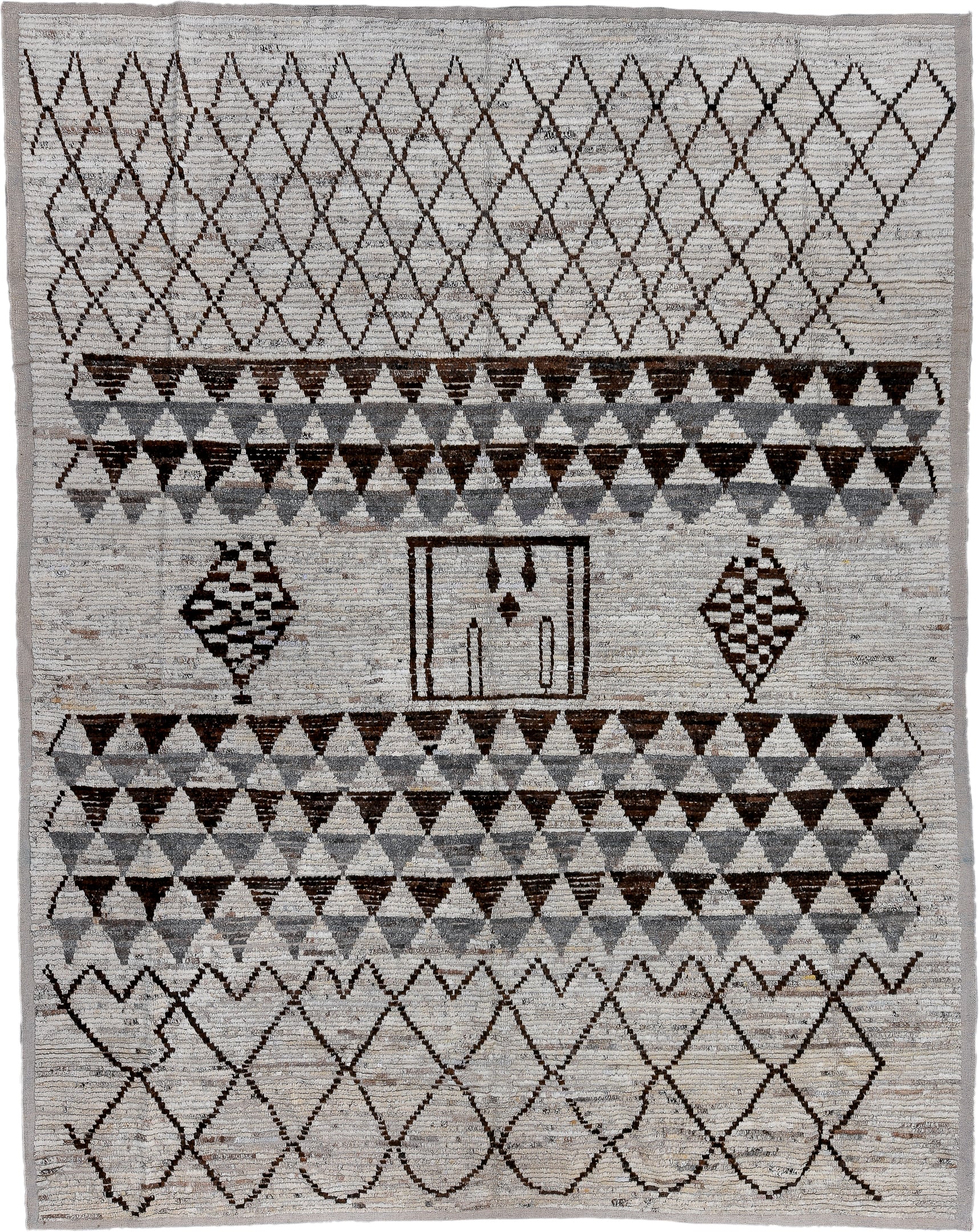 9' x 12' one-of-a-kind handmade vintage Tulu large size rug. Color palette: ivory, gray, brown, charcoal, taupe, black
