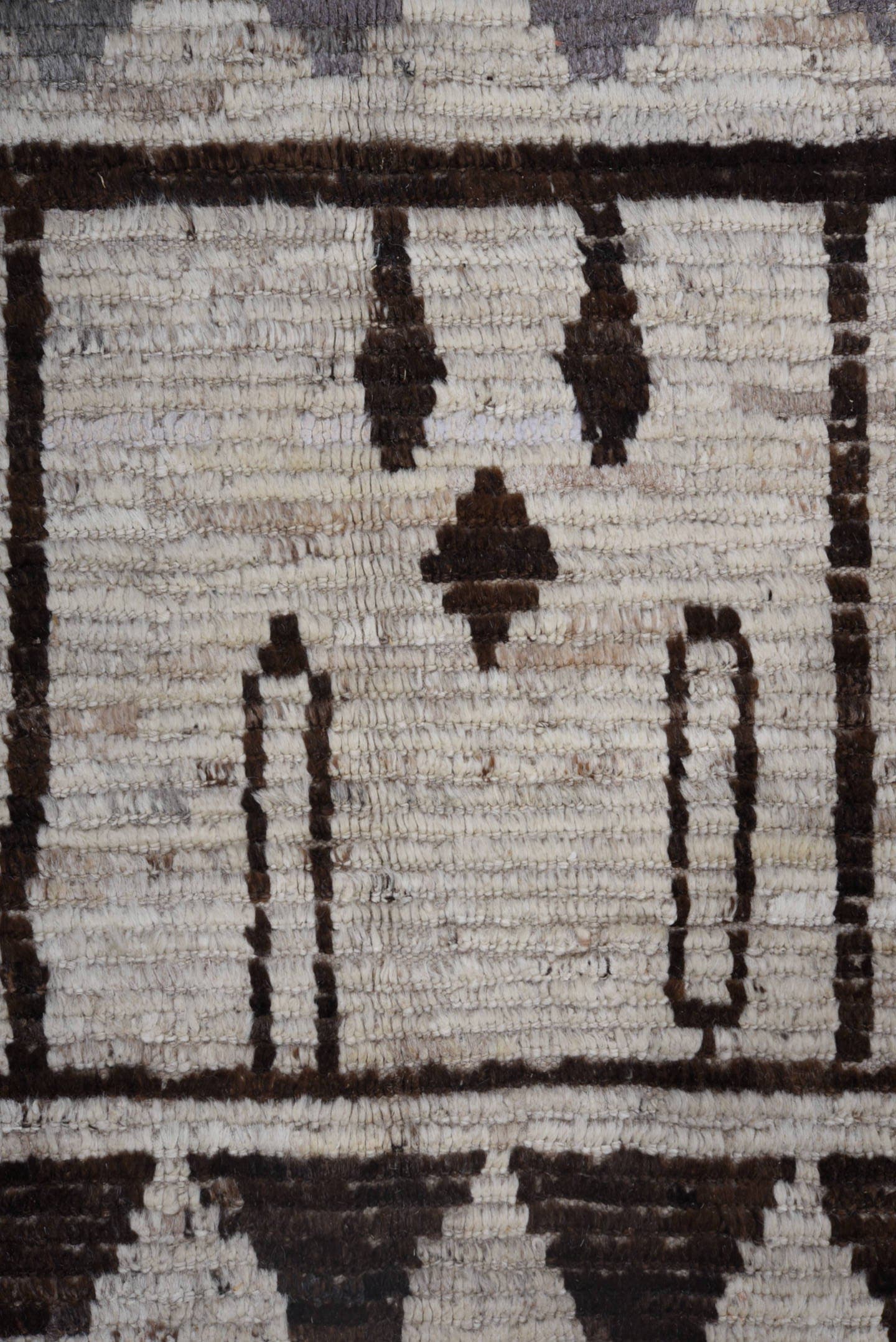 9' x 12' one-of-a-kind handmade vintage Tulu large size rug. Color palette: ivory, gray, brown, charcoal, taupe, black