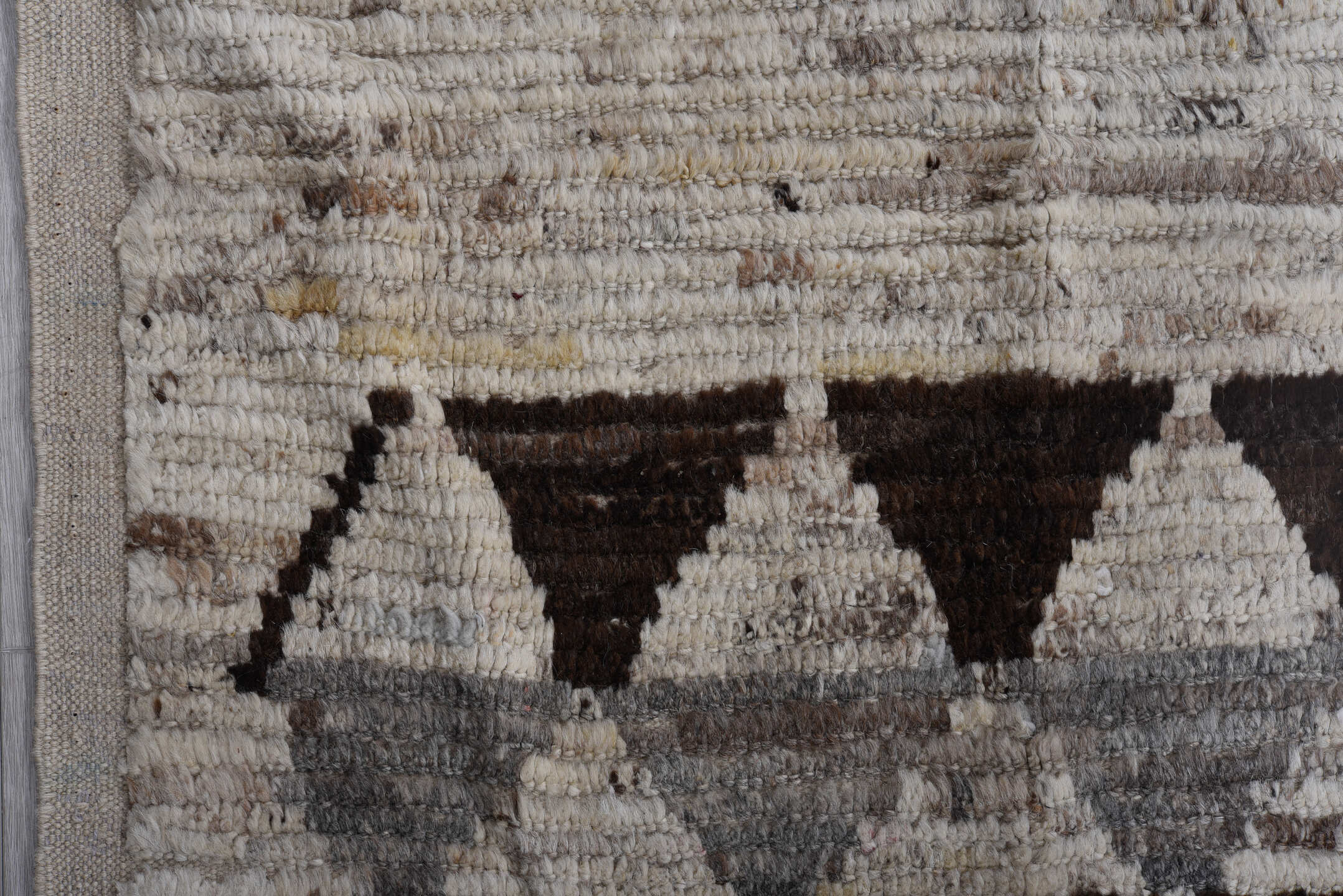 9' x 12' one-of-a-kind handmade vintage Tulu large size rug. Color palette: ivory, gray, brown, charcoal, taupe, black