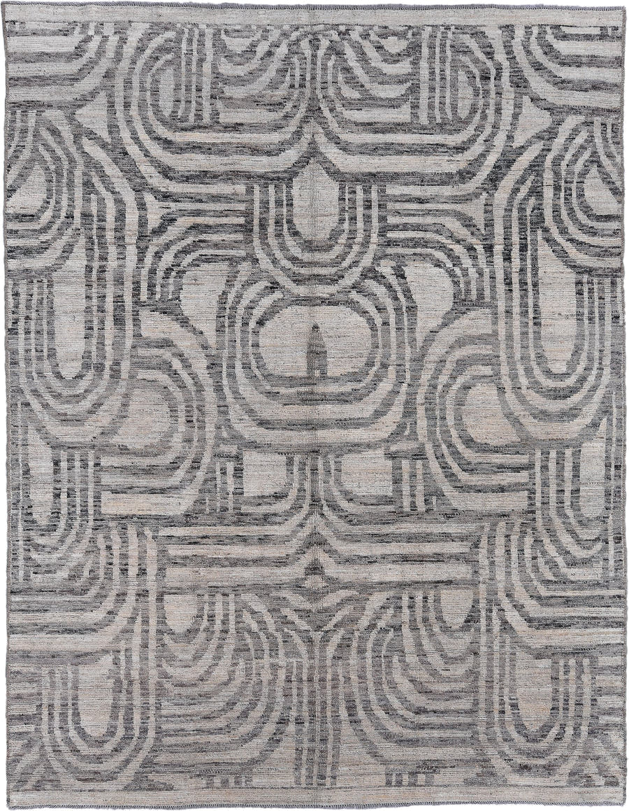 7' x 9' one-of-a-kind handmade vintage Tulu rug. Color palette: ivory, gray, charcoal, taupe, black, beige