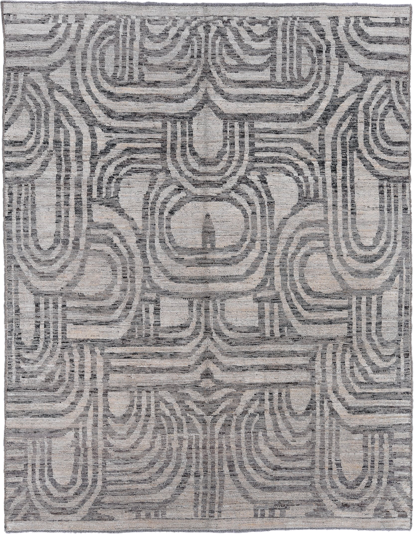 7' x 9' one-of-a-kind handmade vintage Tulu rug. Color palette: ivory, gray, charcoal, taupe, black, beige