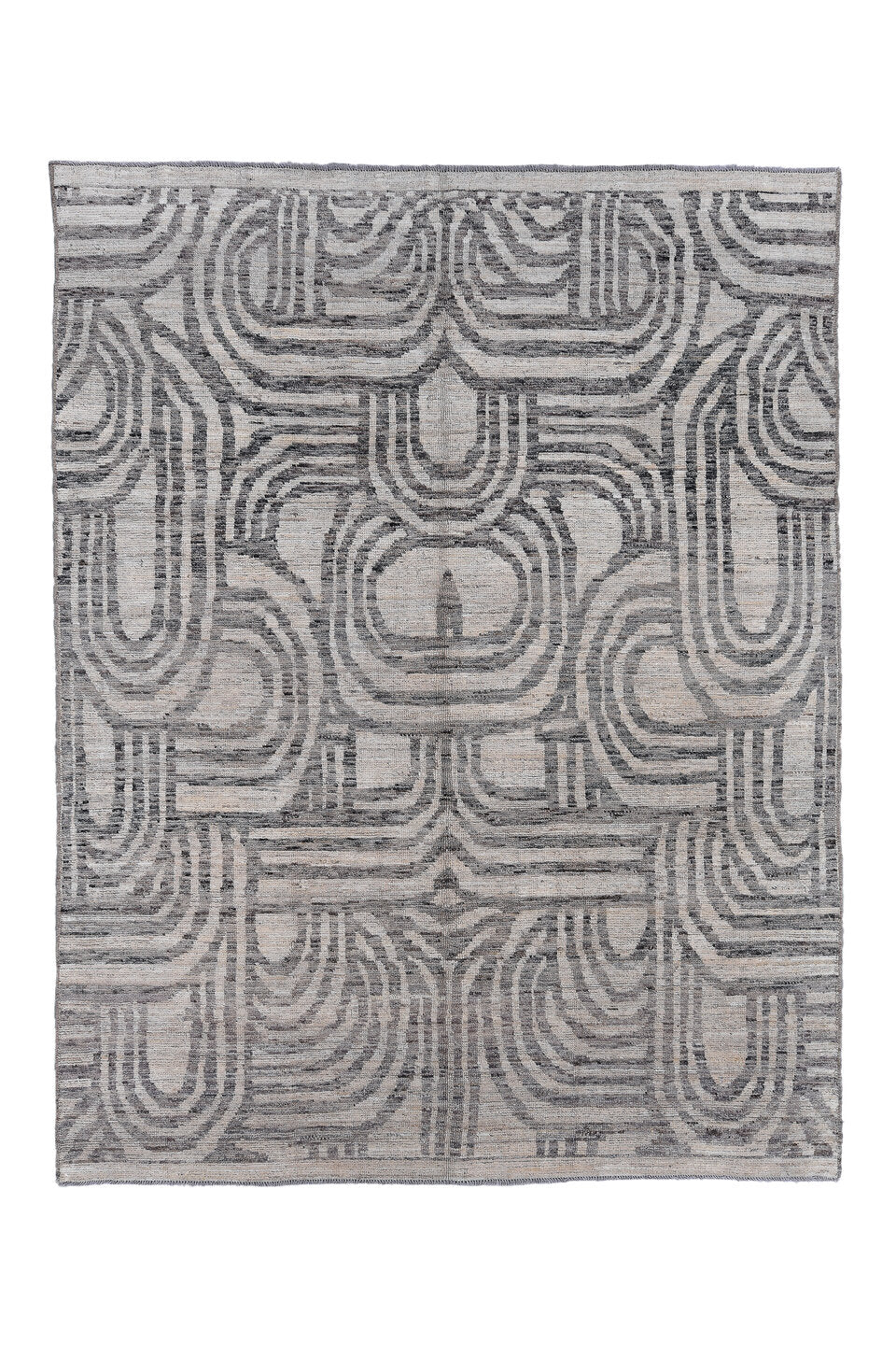 7' x 9' one-of-a-kind handmade vintage Tulu rug. Color palette: black, blue, charcoal, dark gray, dim gray, gainsboro, gray