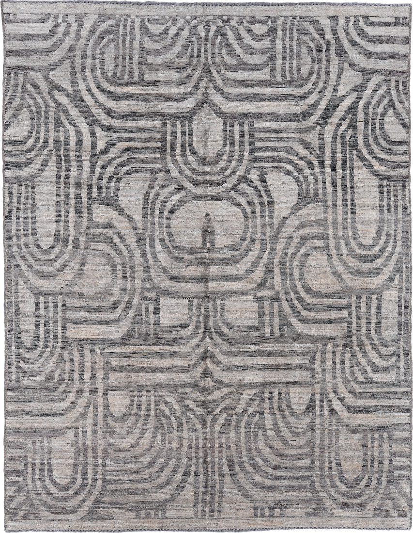 7' x 9' one-of-a-kind handmade vintage Tulu rug. Color palette: ivory, gray, charcoal, taupe, black, beige