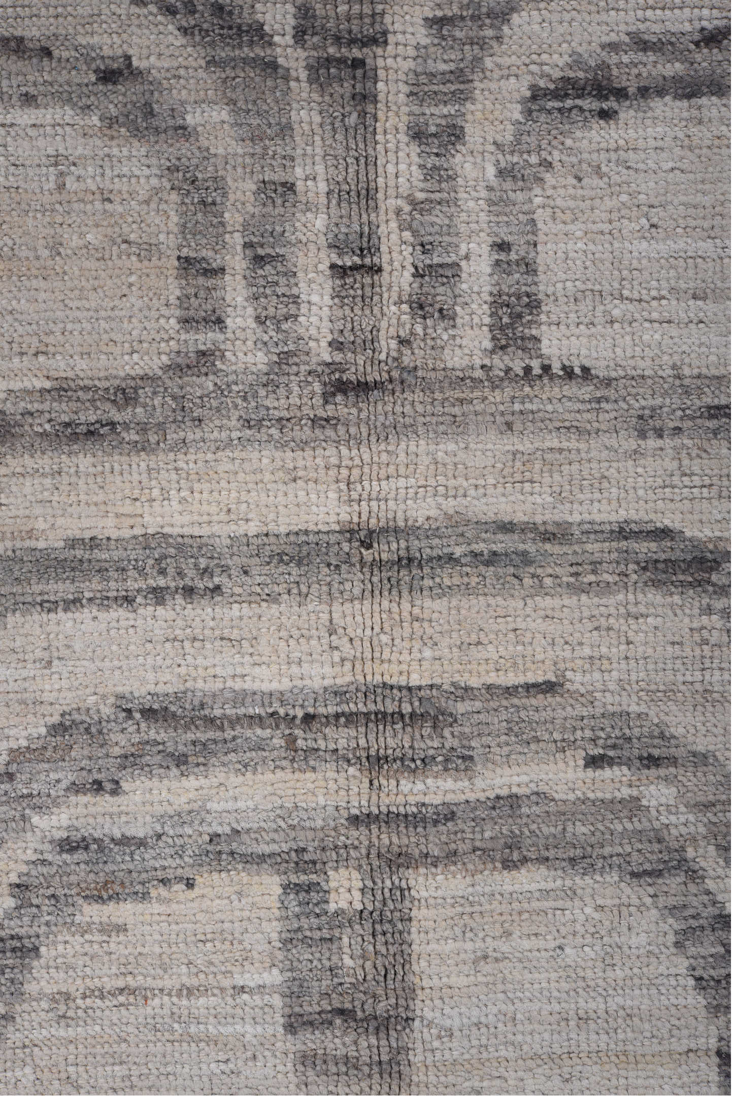 7' x 9' one-of-a-kind handmade vintage Tulu rug. Color palette: ivory, gray, charcoal, taupe, black, beige