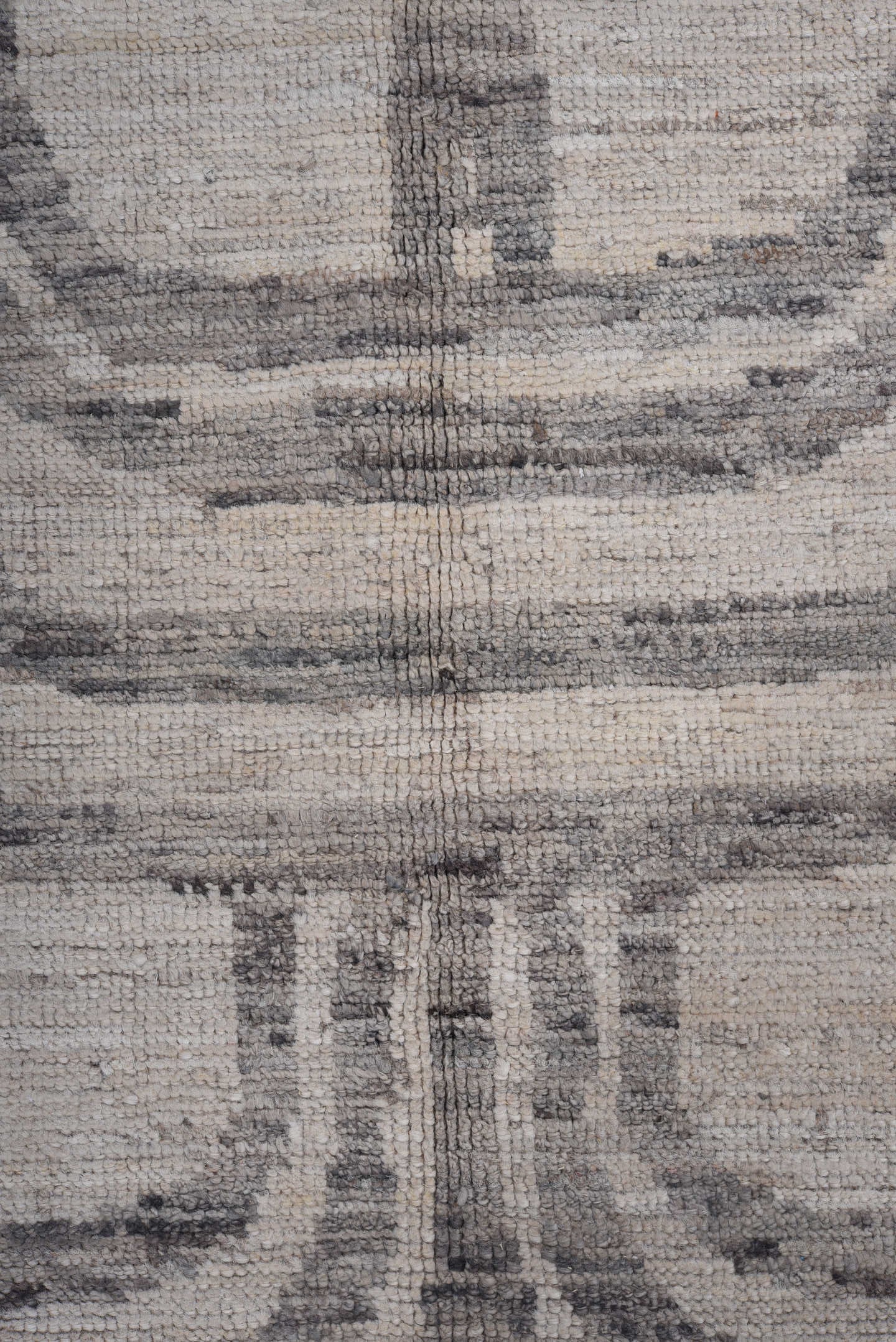 7' x 9' one-of-a-kind handmade vintage Tulu rug. Color palette: ivory, gray, charcoal, taupe, black, beige