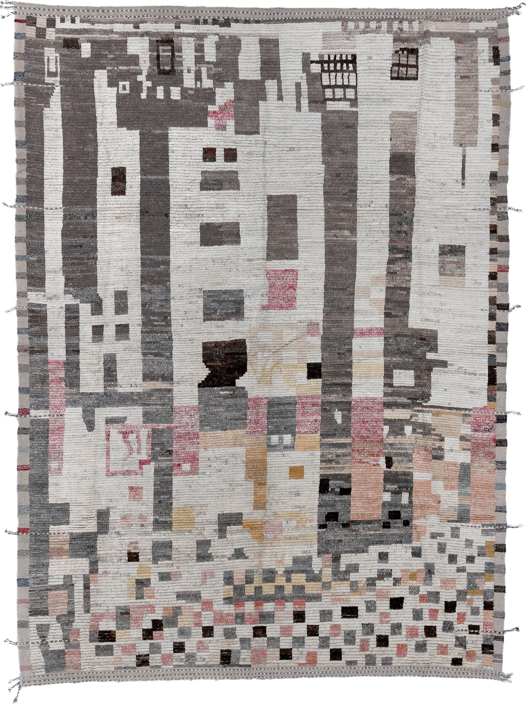 10' x 14' one-of-a-kind handmade vintage Tulu oversize rug. Color palette: ivory, gray, charcoal, blush, taupe, ochre, black