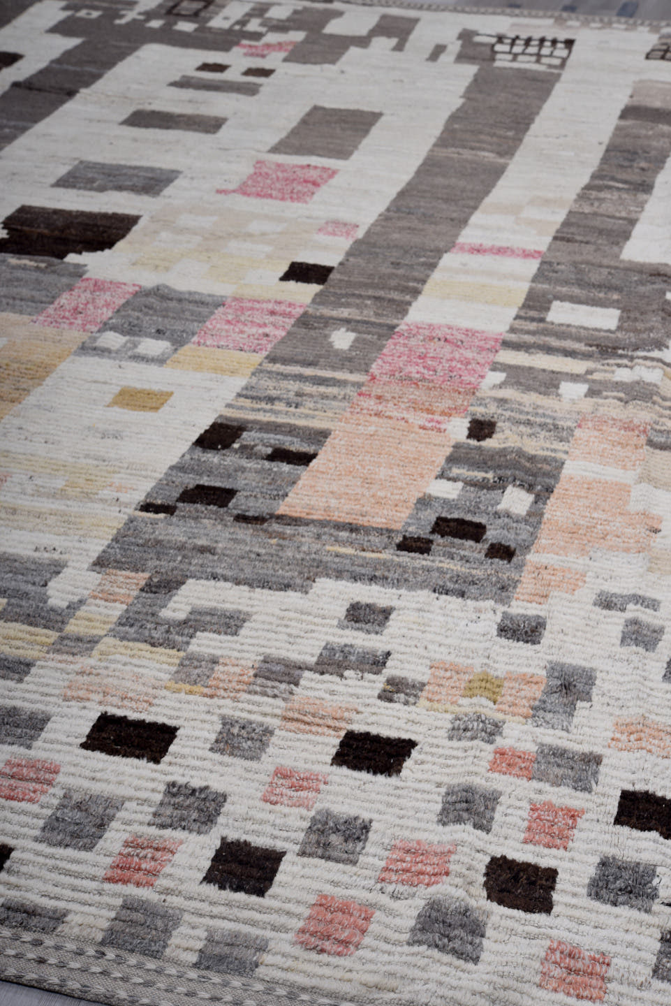 10' x 14' one-of-a-kind handmade vintage Tulu oversize rug. Color palette: ivory, gray, charcoal, blush, taupe, ochre, black