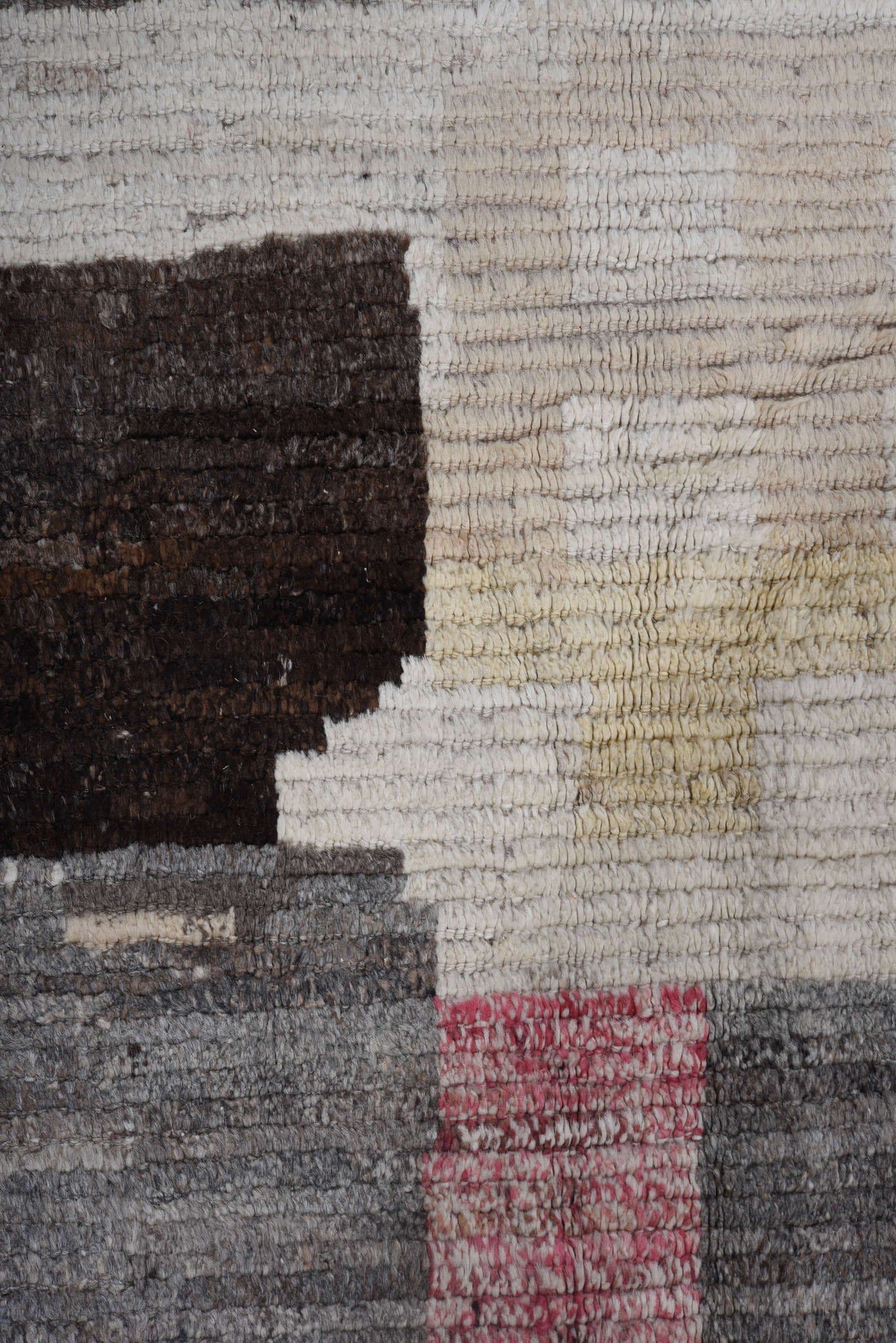 10' x 14' one-of-a-kind handmade vintage Tulu oversize rug. Color palette: ivory, gray, charcoal, blush, taupe, ochre, black